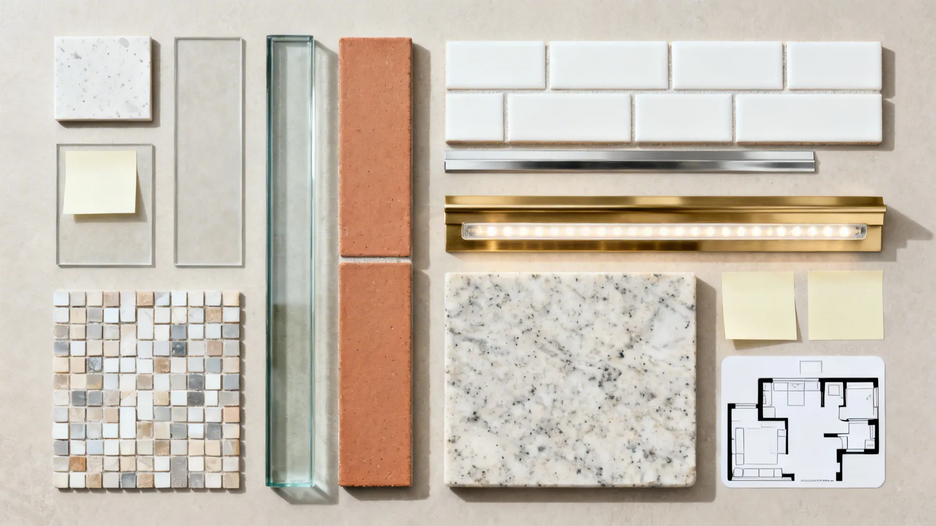 Interior design material samples including stone tiles glass bricks and a small 2D room layout