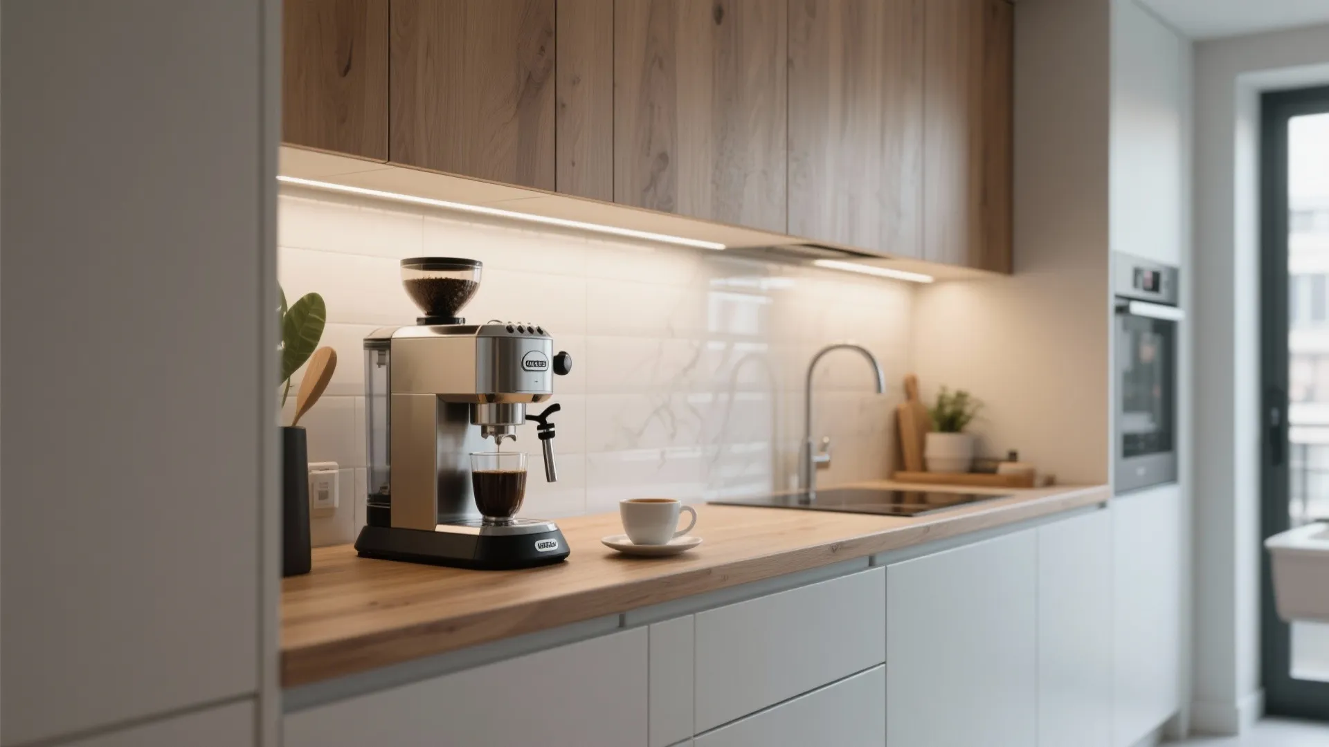 Modern white kitchen counter featuring a silver coffee machine and wood cabinets with warm lighting
