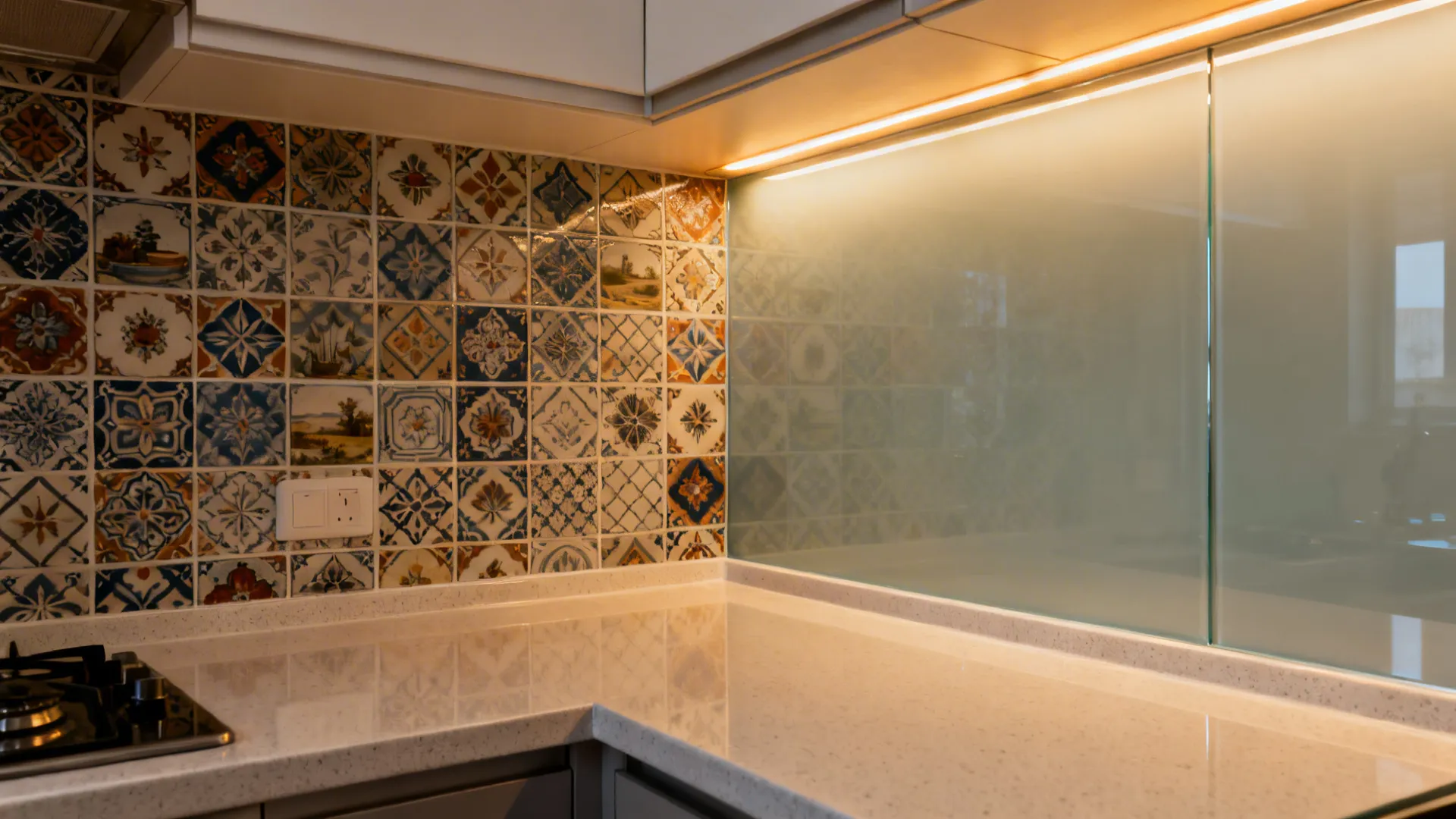 Glass backsplash to extend sightlines