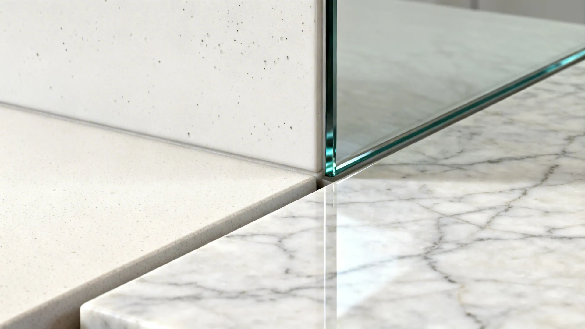 Macro comparison of matte porcelain, glass edge, and quartz veining for backsplash choices.
