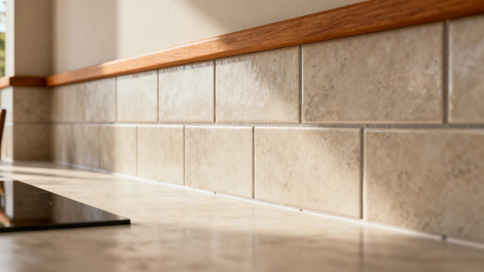 Continuous stone backsplash extended from kitchen into dining half-wall for visual cohesion.