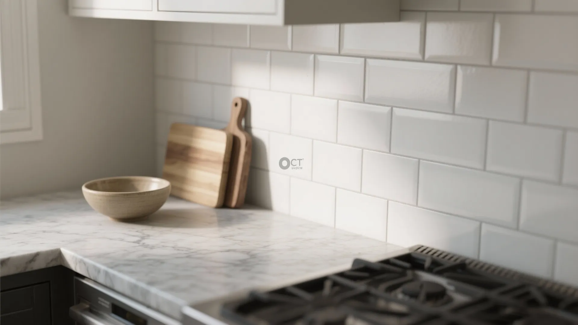3. White Backsplash, Gray Countertop Harmony