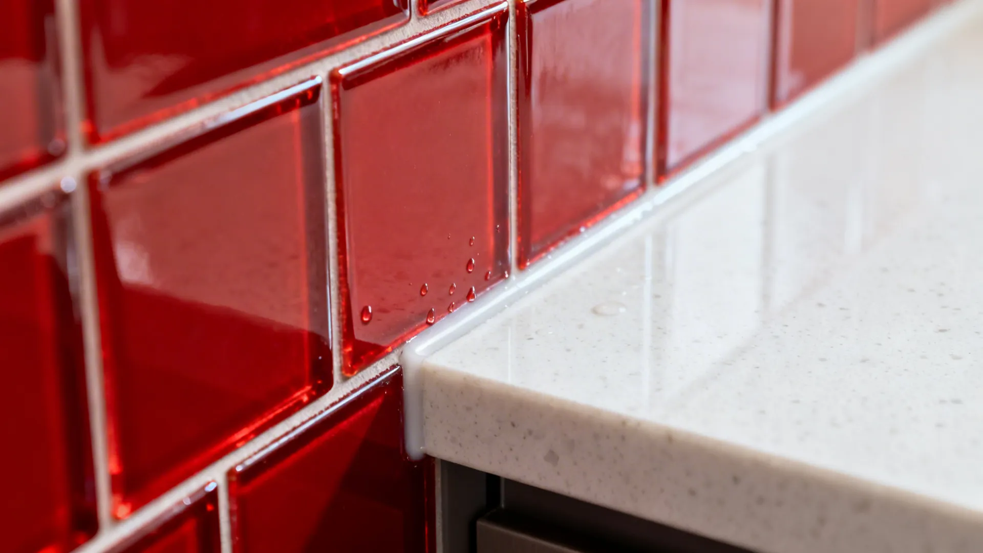 Macro of glossy red tile meeting white quartz slab with precise edge detail.