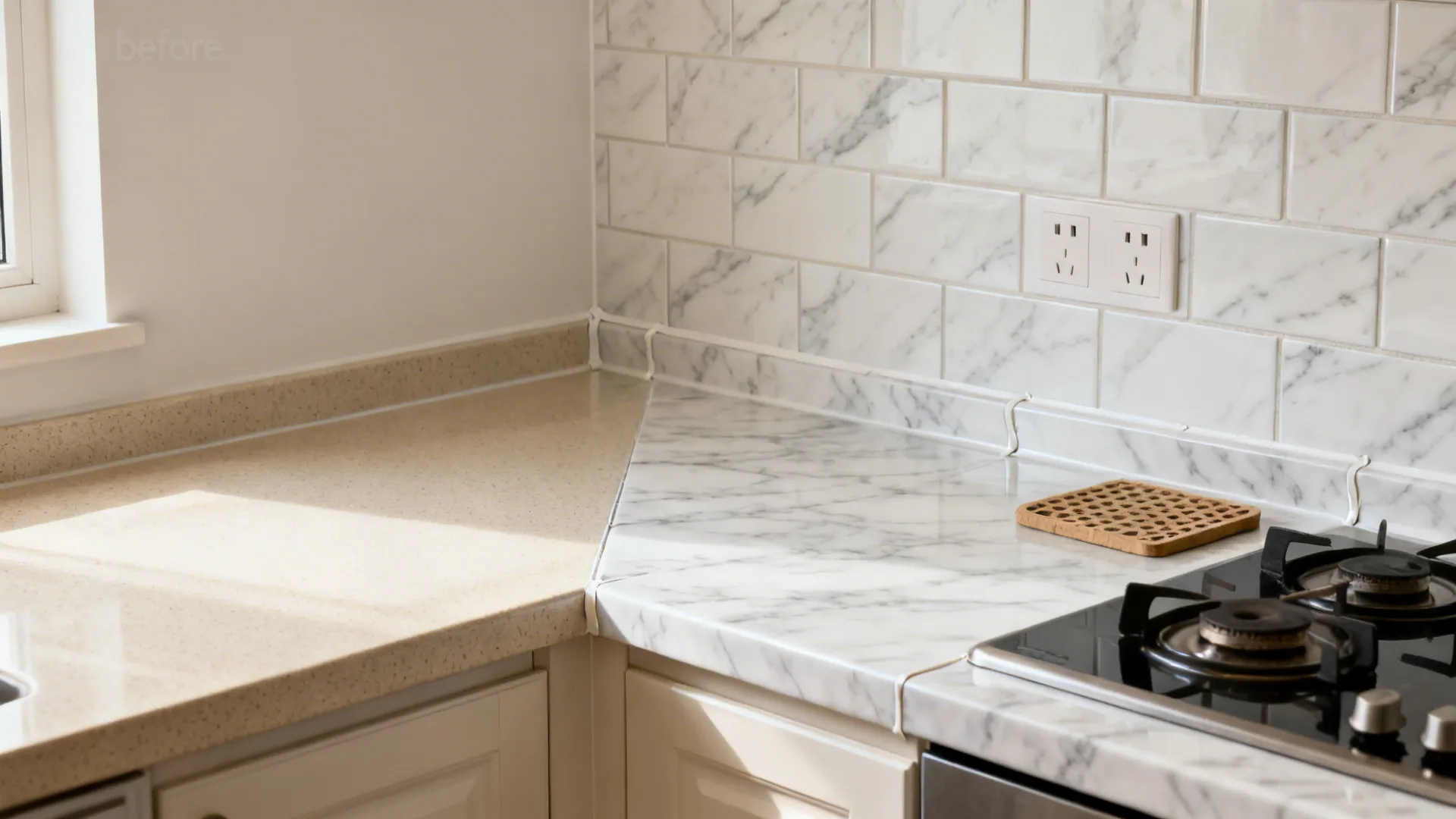 Before and after comparison of old kitchen wall and new white marble wall tiles design