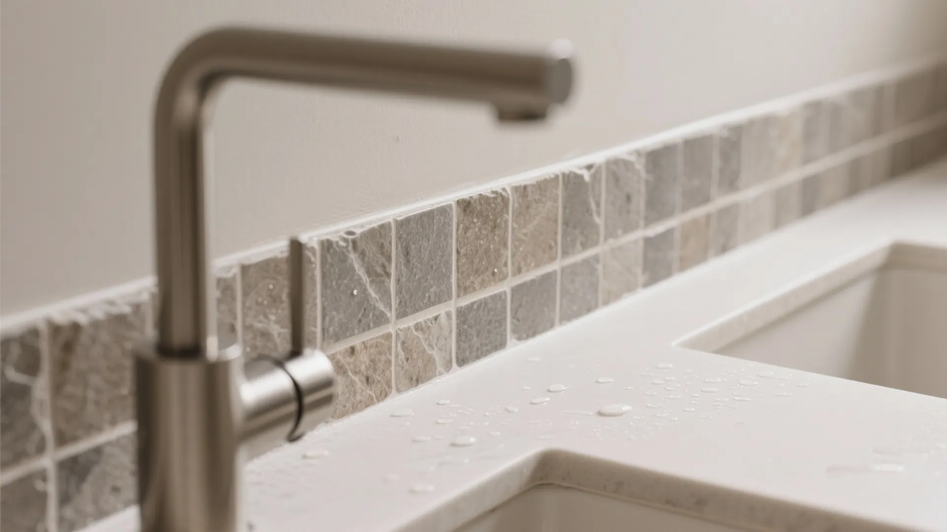 Close-up of a metal faucet and white counter with water drops and stone tile backsplash