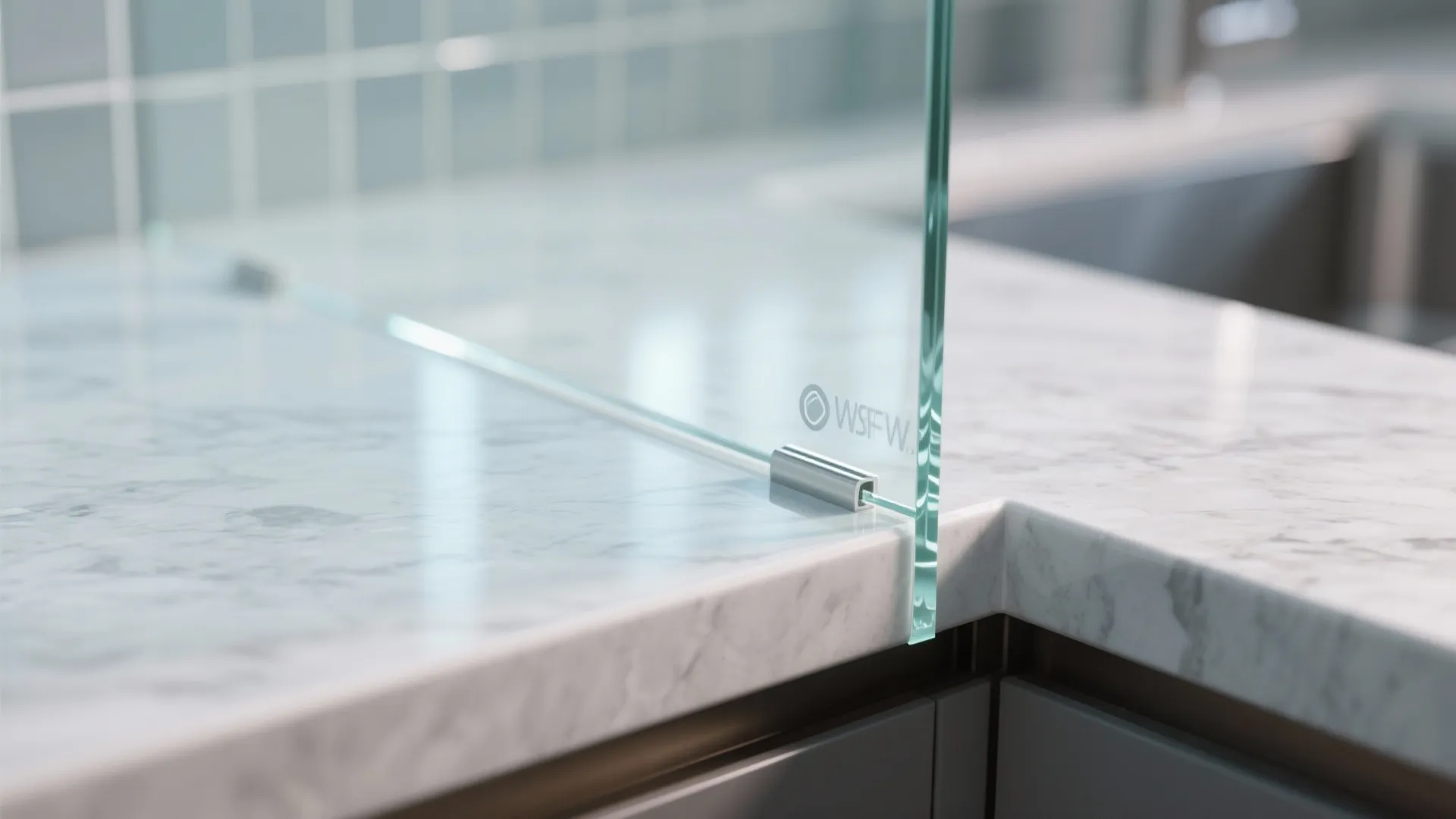 Clear glass splash guard installed on white marble kitchen countertop near a modern metal kitchen sink