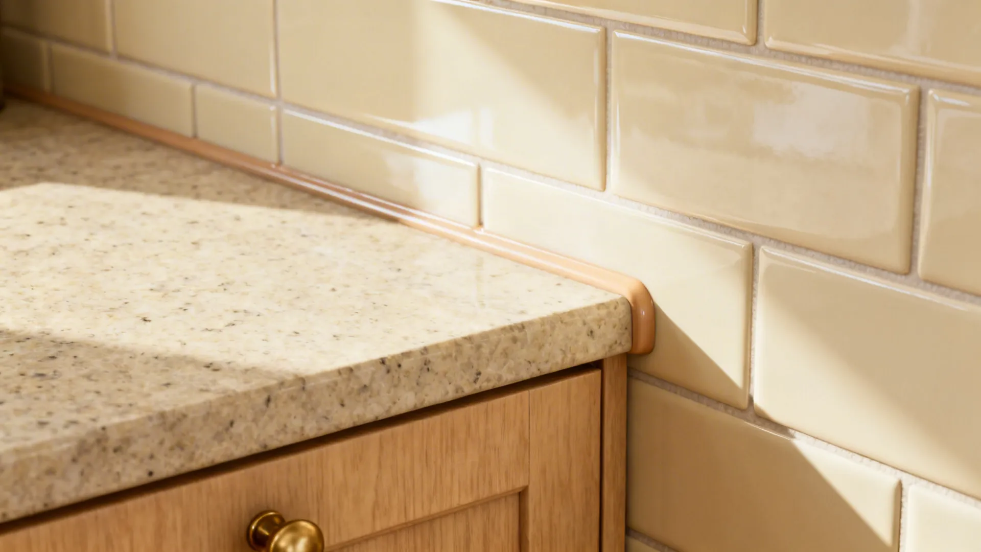 Close up of a cream tile wall meets a light stone countertop with wood cabinet below