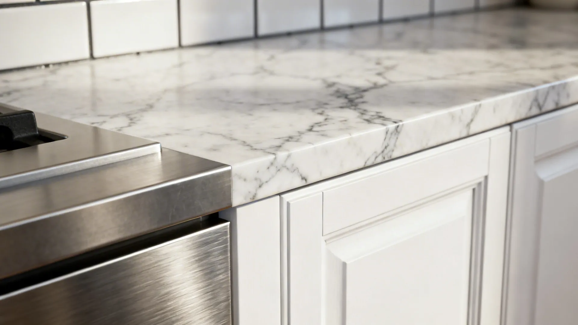 Macro detail of white cabinet edge meeting marble, tile grout and stainless surfaces.