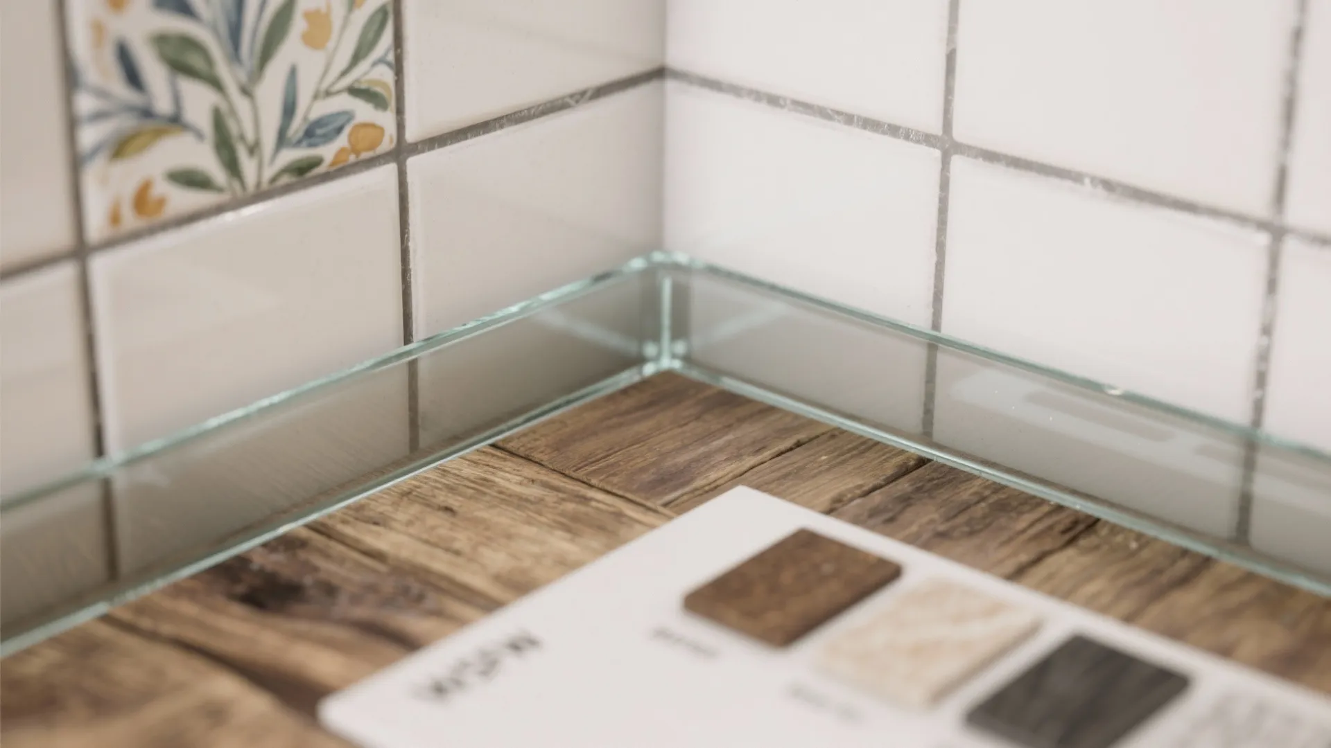 Close up view of white wall tiles glass corner trim and wooden surface with material samples