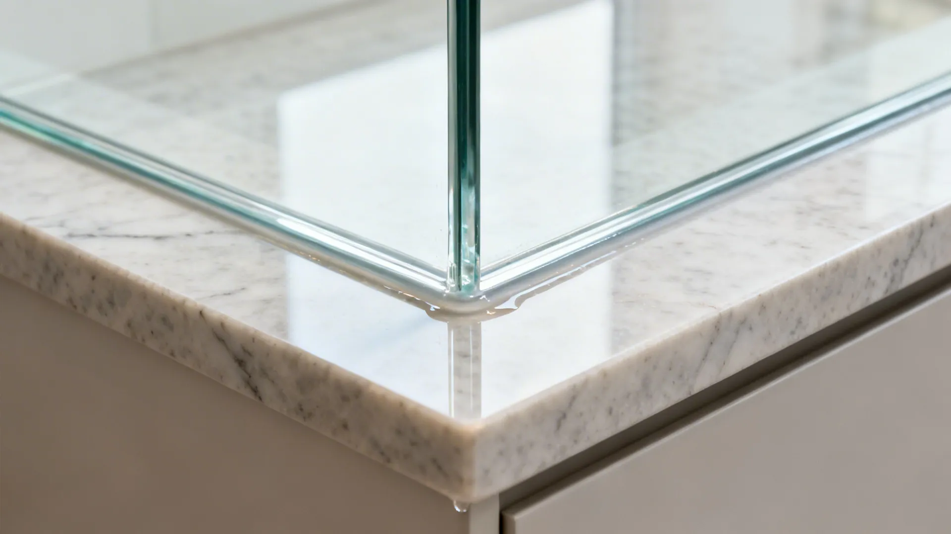 Macro of glass backsplash seal and angled sill drip edge above the counter.