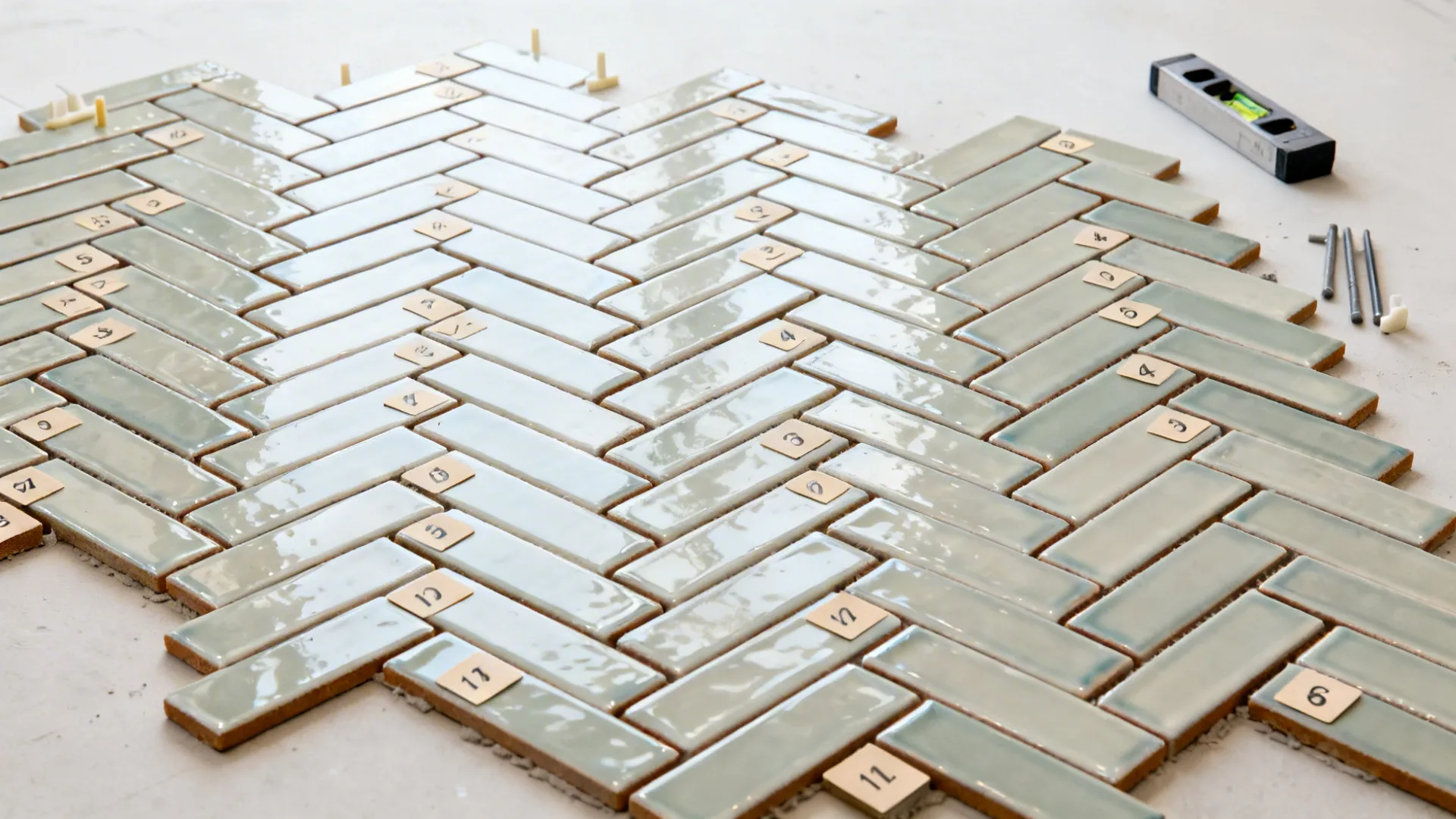 Top-down dry layout of herringbone glazed ceramic tiles with spacers and level.