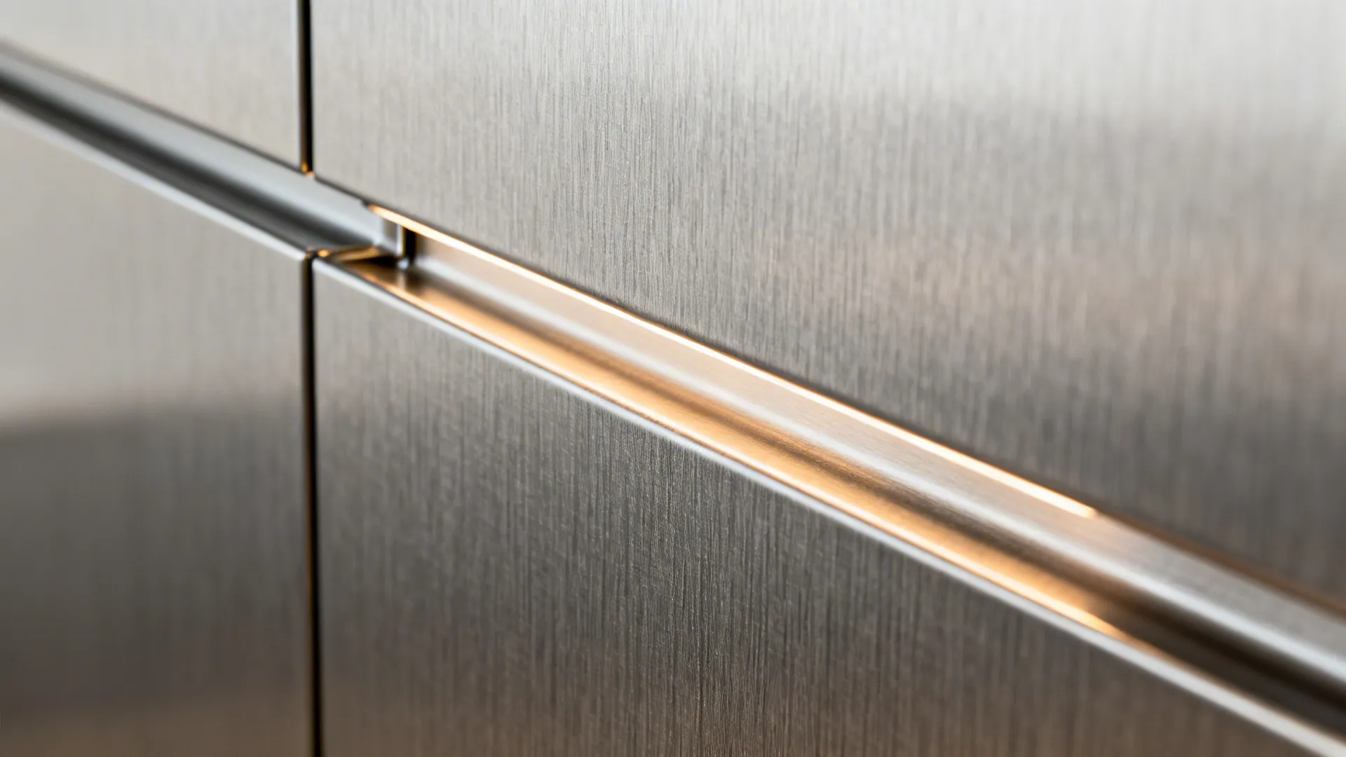 Macro of brushed stainless backsplash with J-channel edge and warm LED glow.