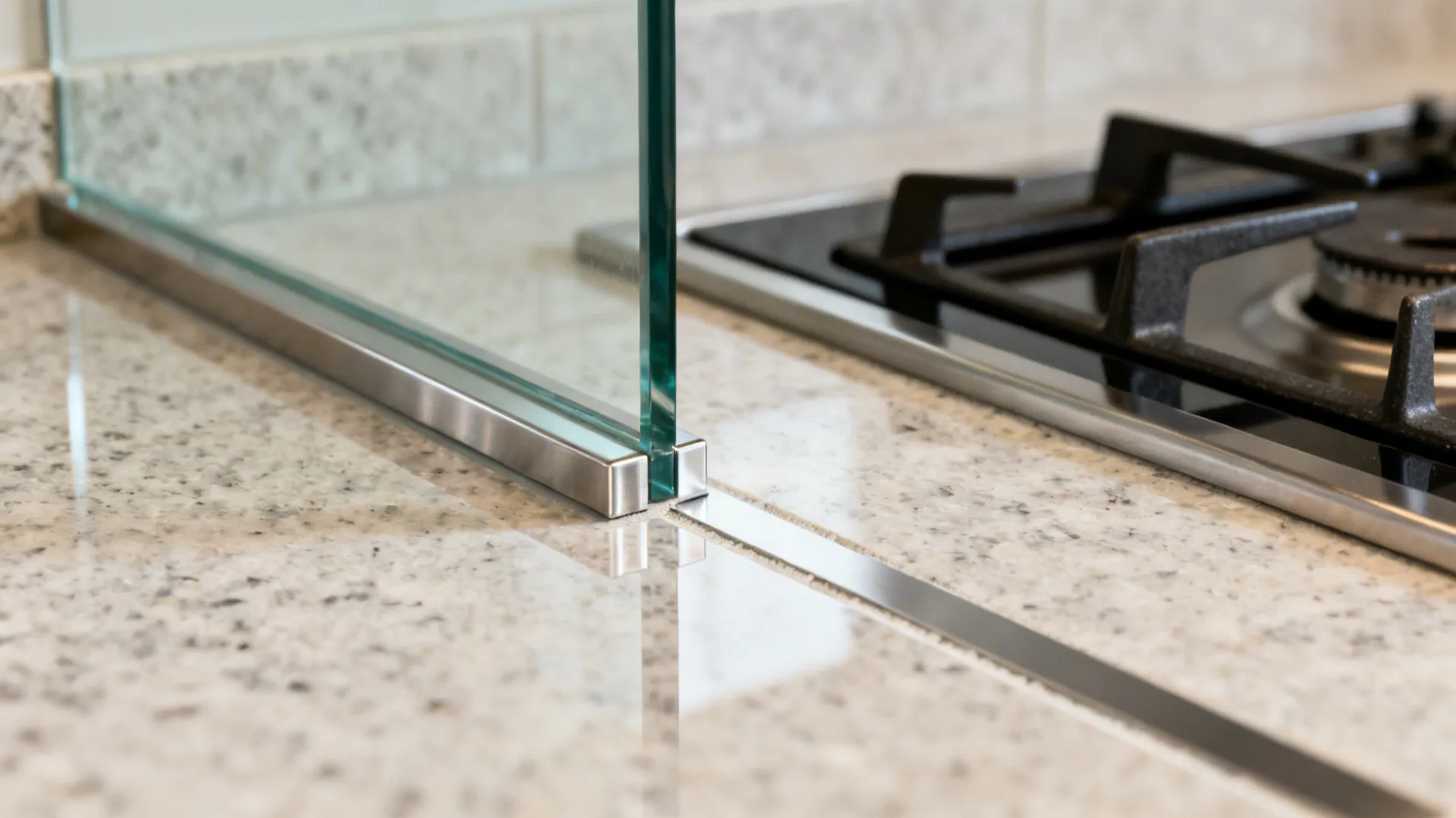 Close-up of tempered glass backsplash edge with protective strip beside a cooktop.