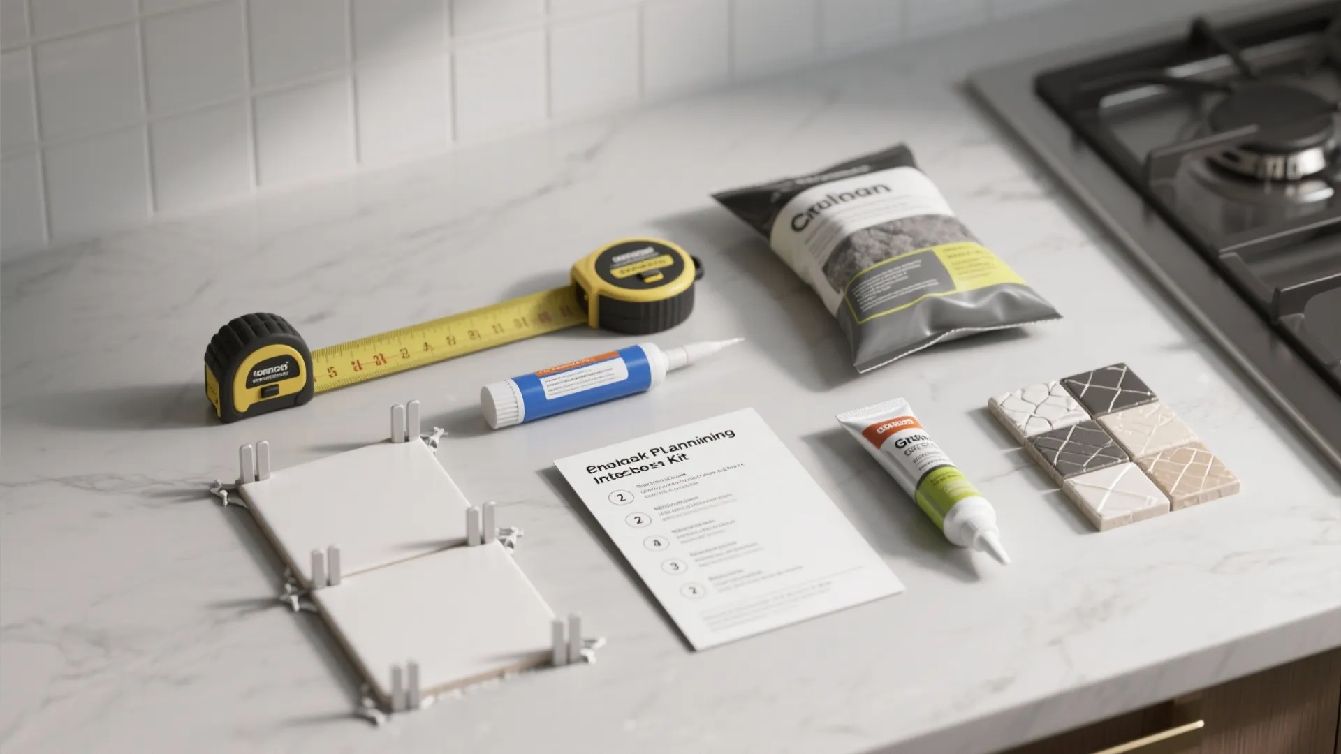 Measuring tape glue and small wall tiles on a kitchen counter for a home project
