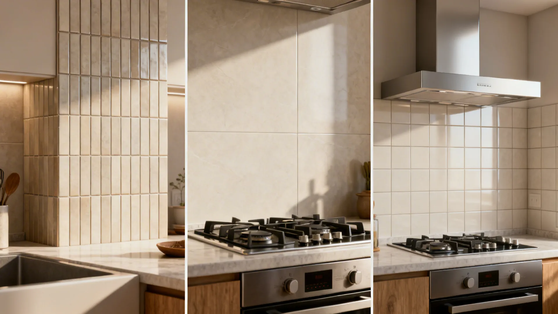Collage showing vertical stack for height, large-format behind a cooktop, and ceiling-height tile with gloss vs satin.