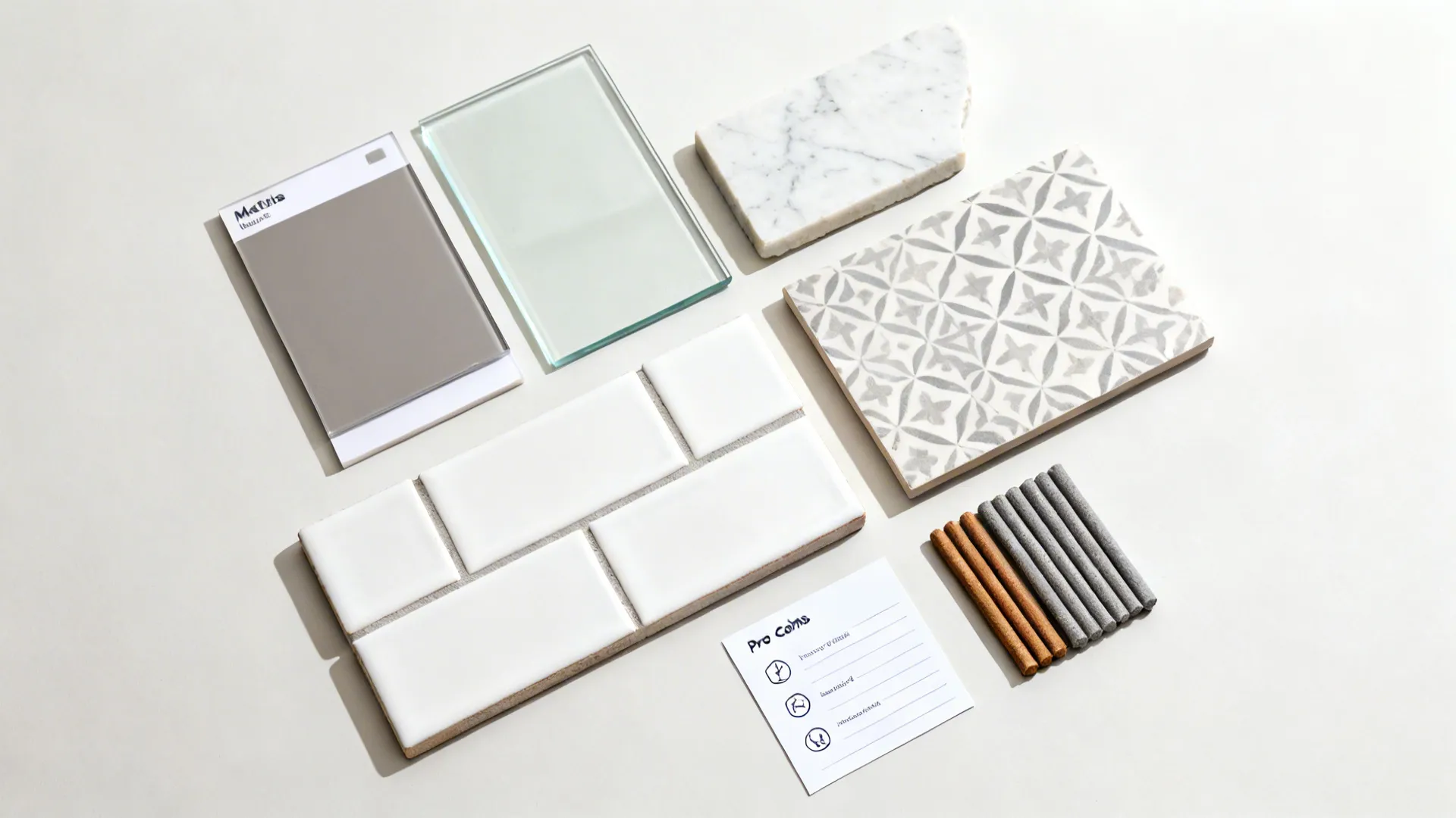 Top-down arrangement of tile, glass, quartz, and patterned samples with grout sticks for decision-making.
