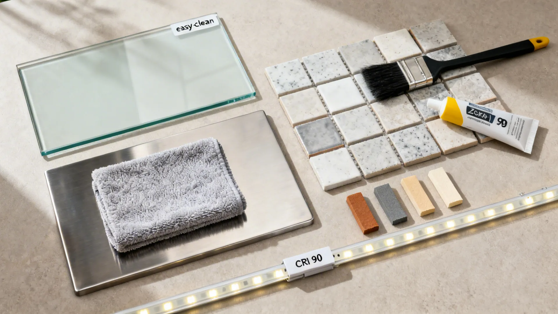 Top-down layout of backsplash samples with cleaning and lighting tools.