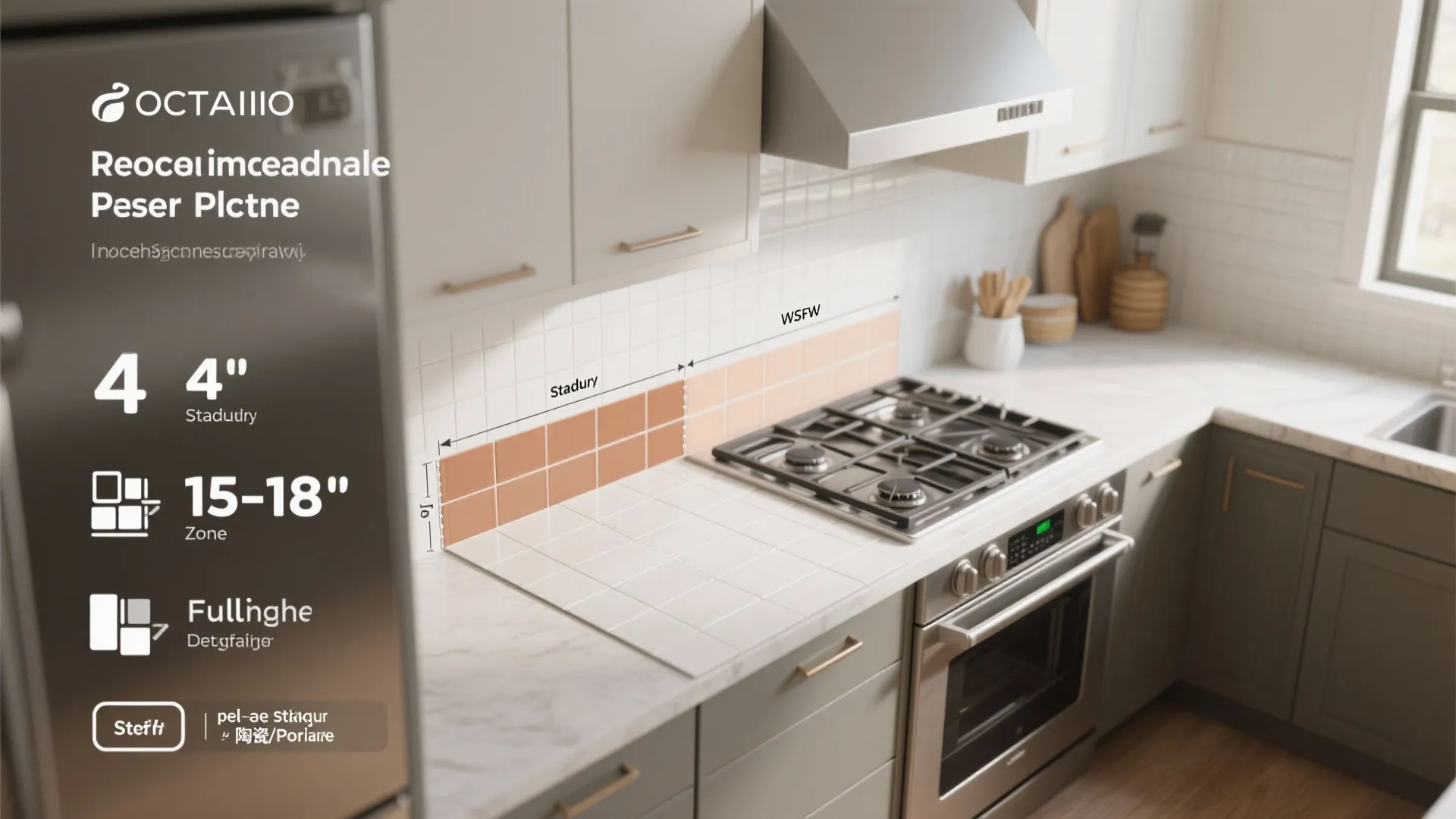Modern kitchen scene with diagram showing standard backsplash heights and measurements for wall tile installation