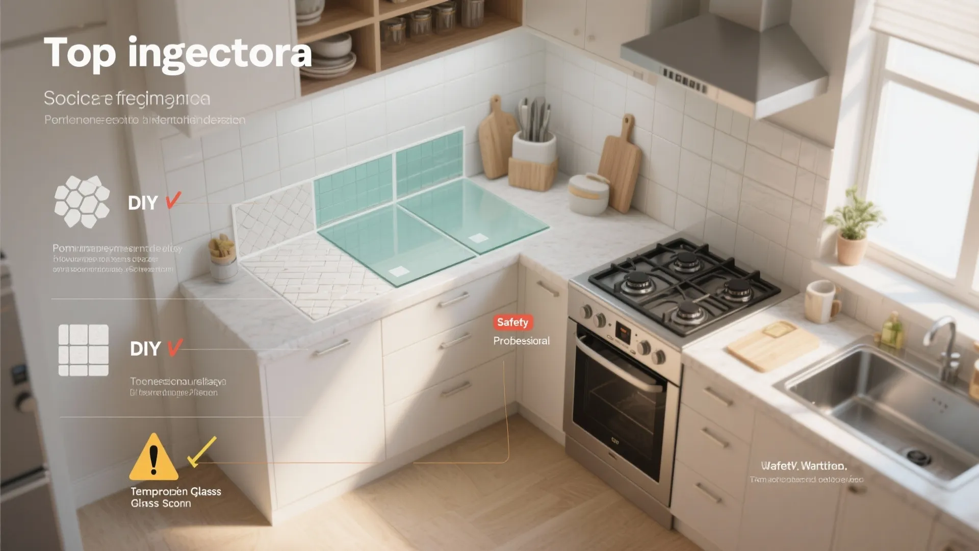 Top-down kitchen plan with backsplash height options, material recommendations, and safety icons.