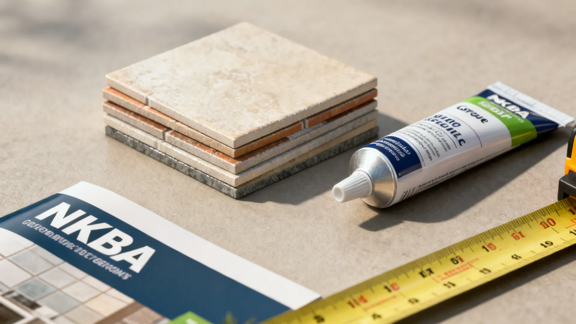 Tile samples, grout tube, measuring tape and NKBA pamphlet to illustrate FAQ and guidelines