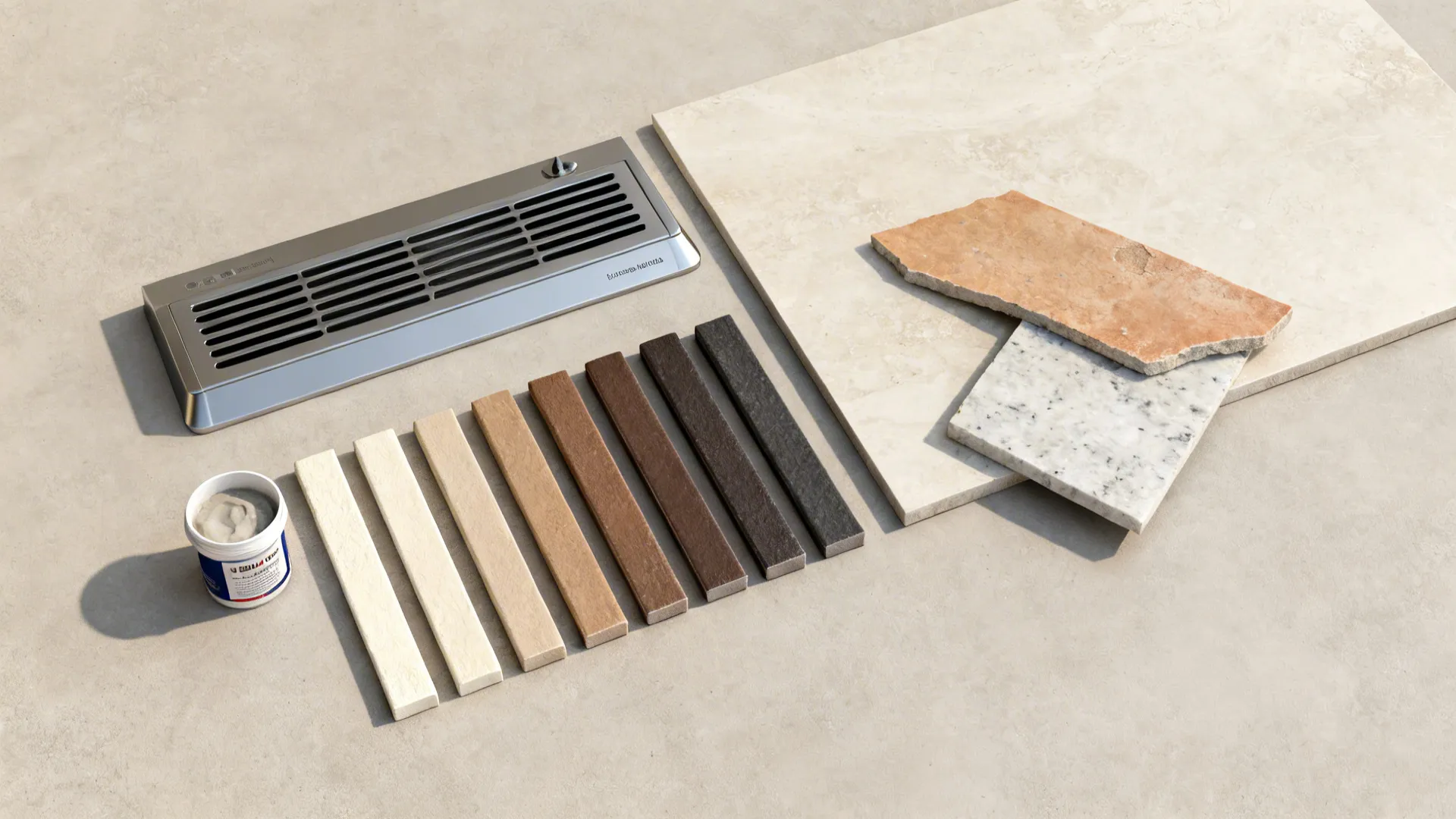 Top-down layout of grout color sticks, range hood component, and tile samples for backsplash planning.
