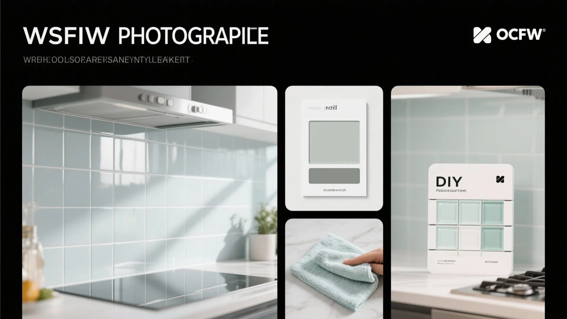 Infographic showing kitchen wall tiles with cleaning cloth and DIY tile sample options for home