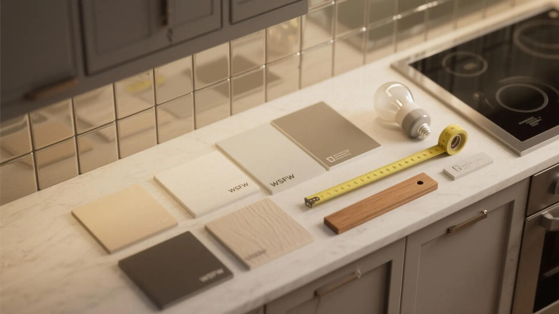 Selection of kitchen material samples and a yellow measuring tape on a white marble countertop