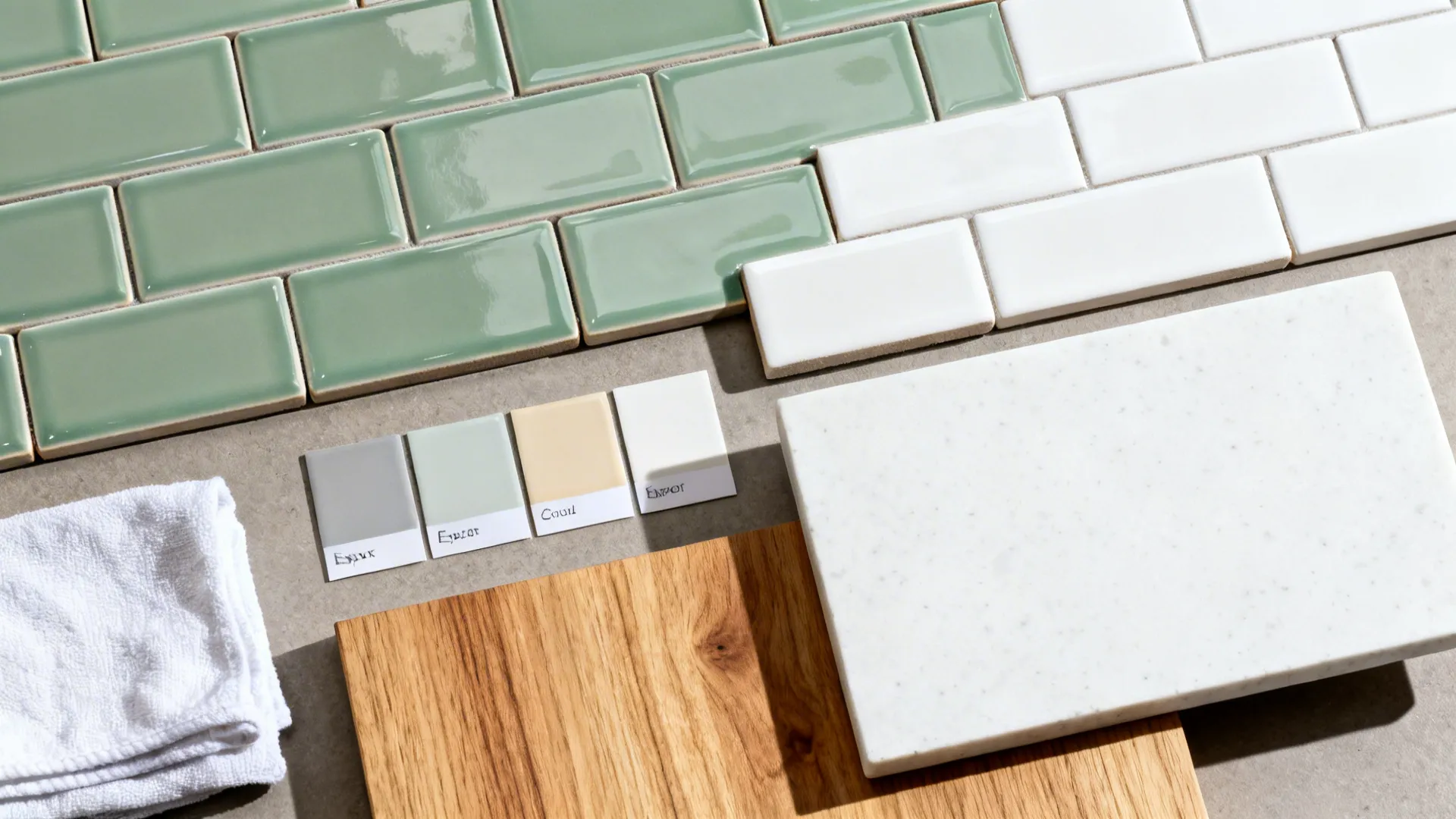 Top-down flat lay with glossy subway tiles, epoxy grout swatches, white quartz, and wood veneer.