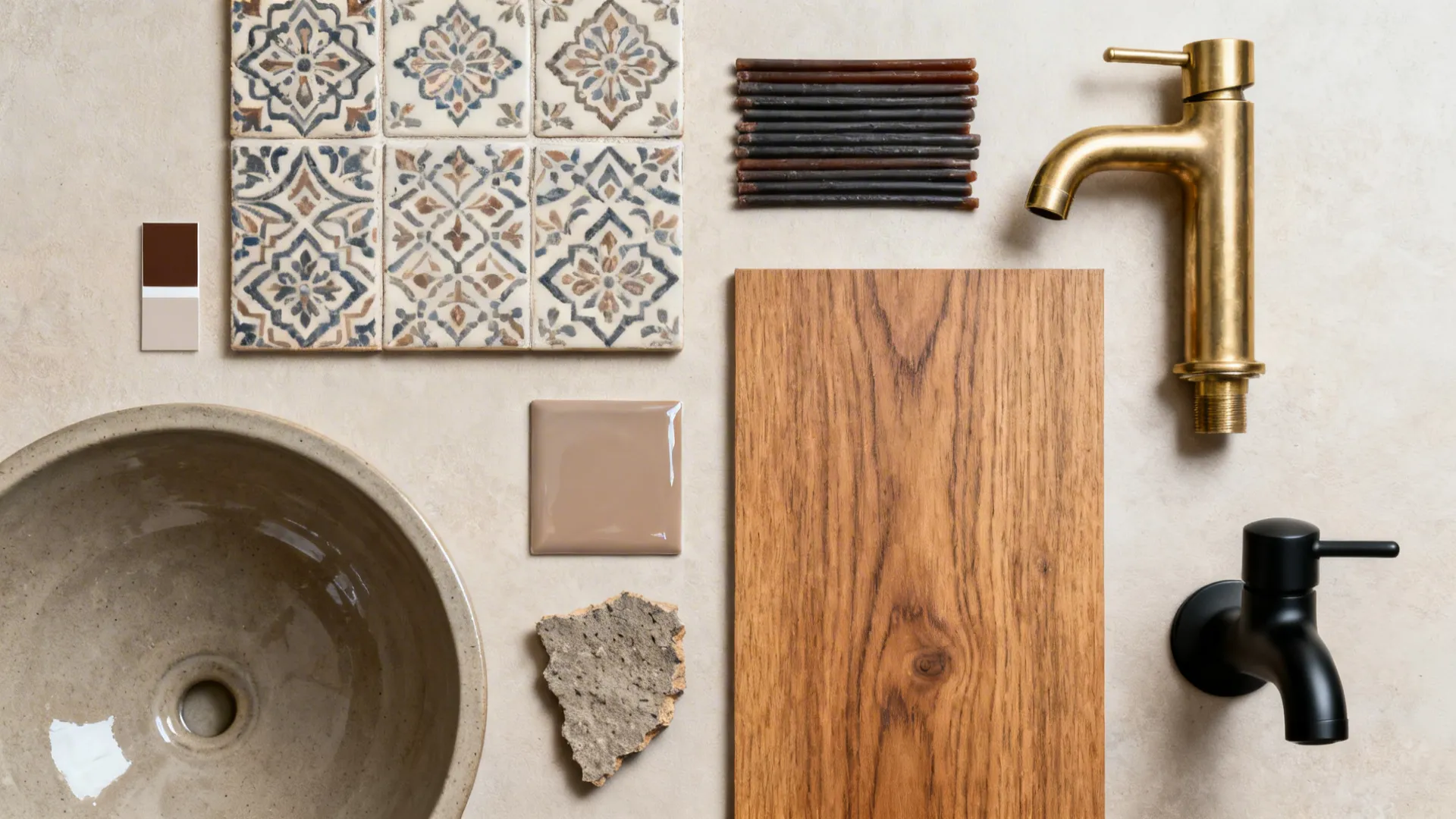 Top-down flat lay of patterned tiles, grout, basin finish, wood, and faucet swatches.