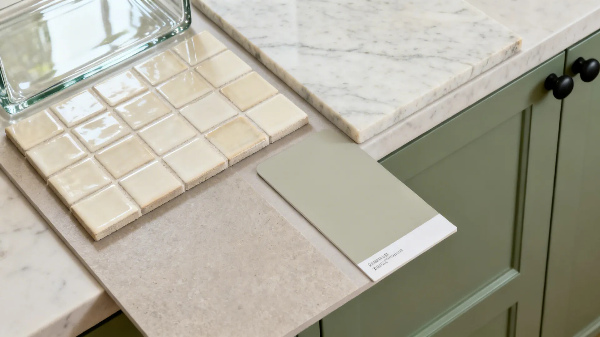 Top-down materials board with glass, zellige, quartz, greige paint, muted green finish, and matte black hardware.