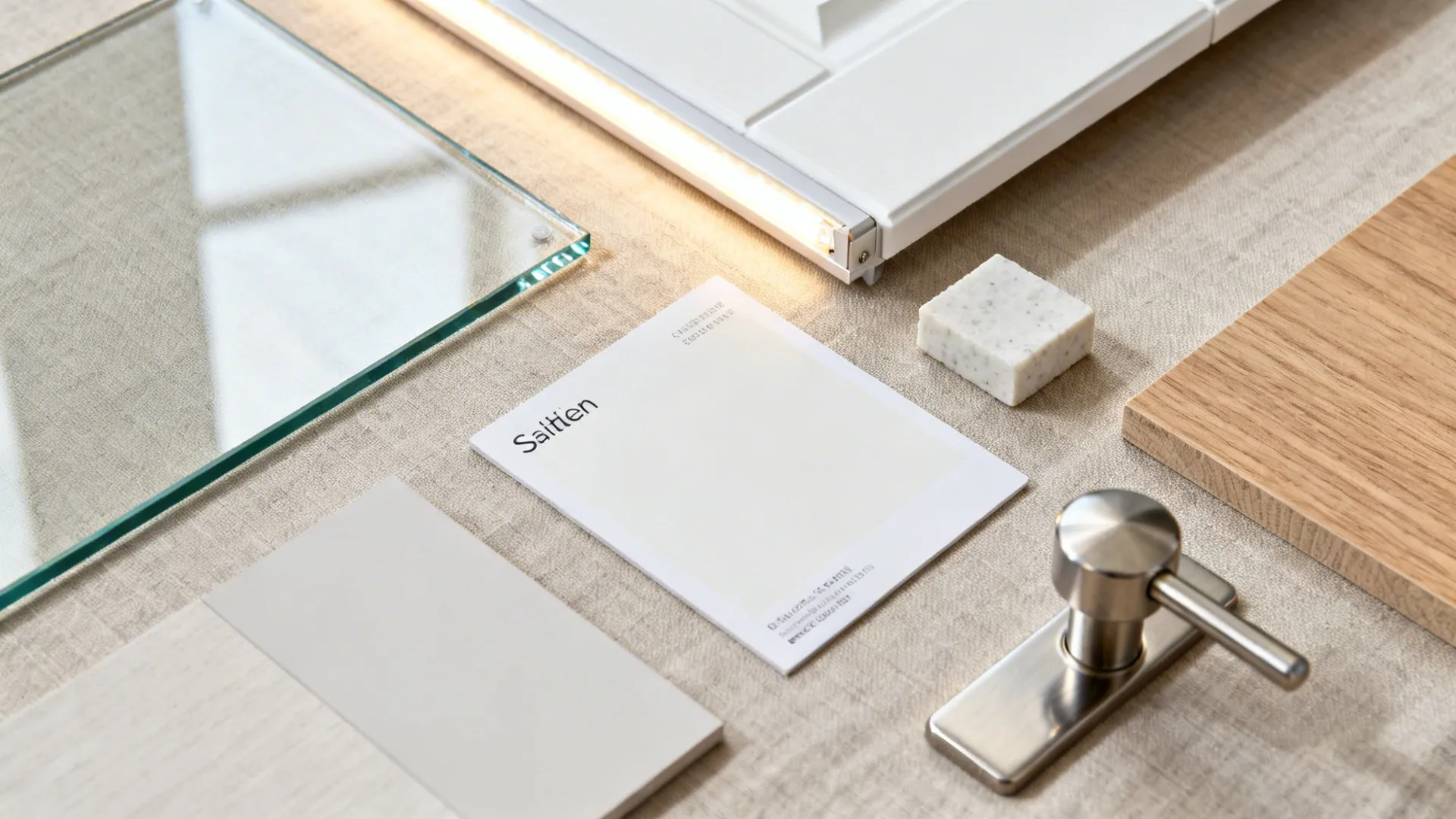 Top-down material board with low-iron glass, LED strip, white paint, quartz, oak veneer, and stainless hardware.