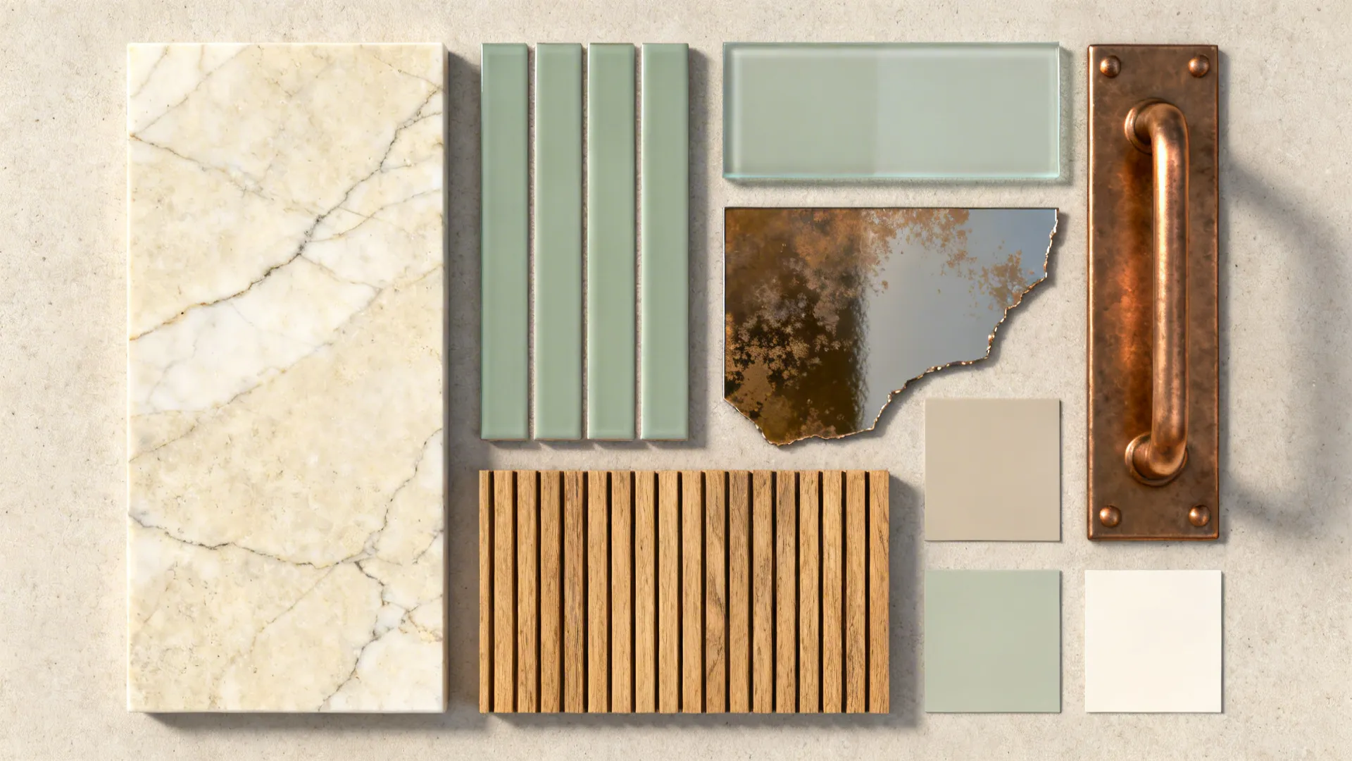 Top-down layout of stone, glass, tile, antiqued mirror, and oak samples for island backsplashes.