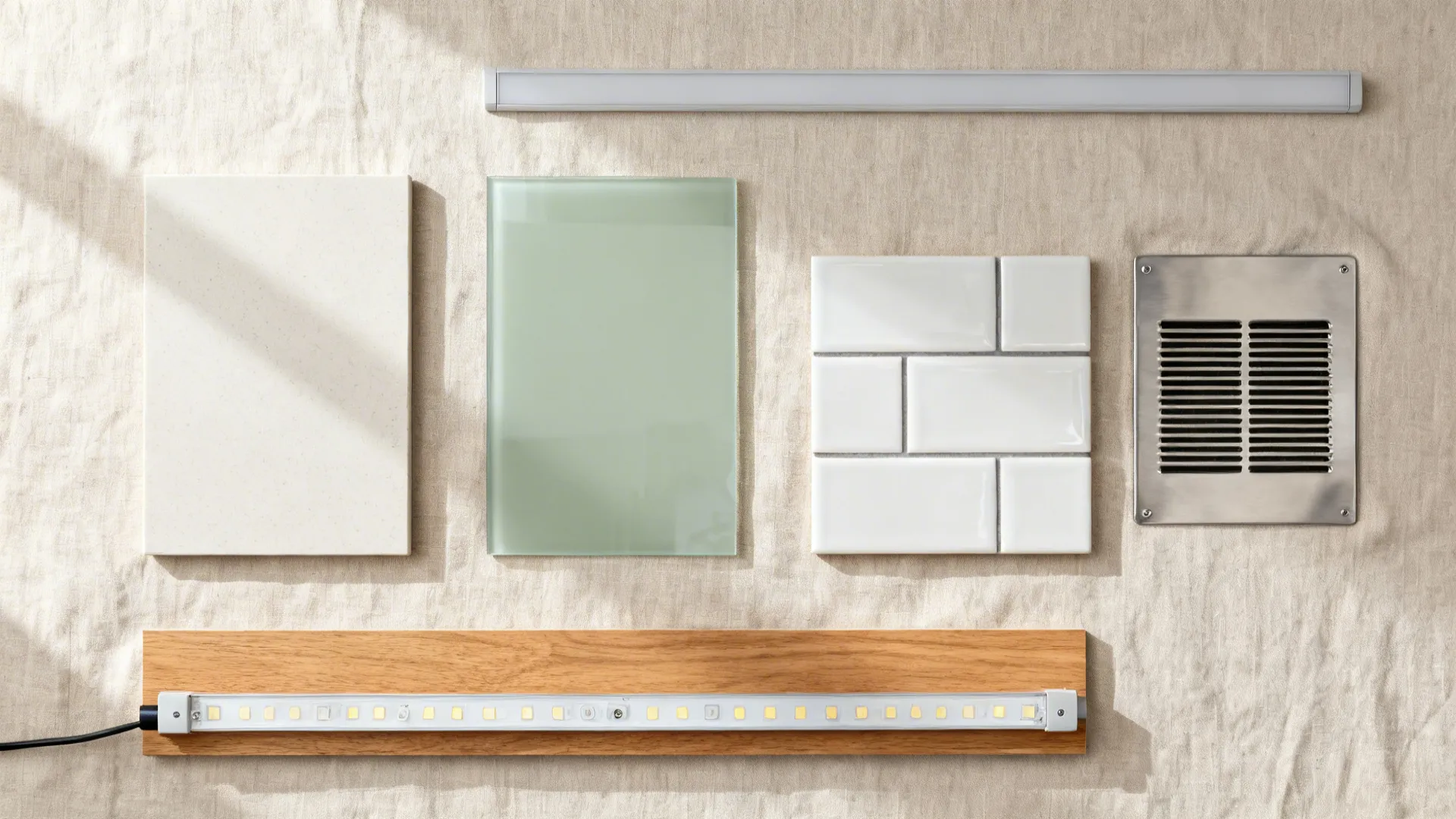 Flat lay with matte quartz, soft-gloss glass, subway tiles, oak laminate, and warm LED strip.
