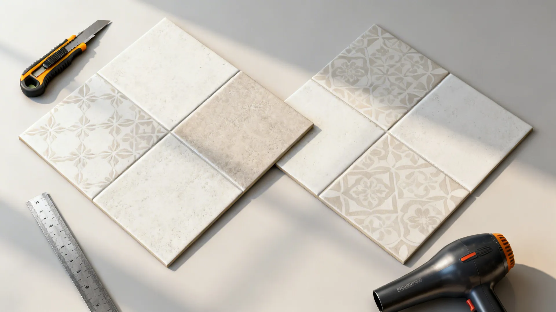 Top-down view of peel-and-stick tiles, knife, ruler, and level arranged for installation.