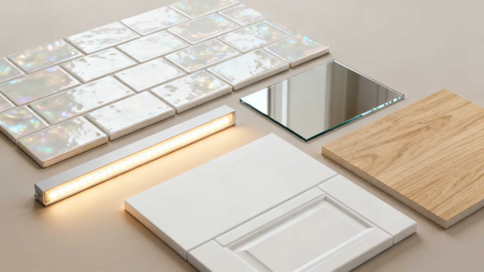 Top-down material board with pearly tile, mirrored glass, warm LED strip, and cabinet finishes.