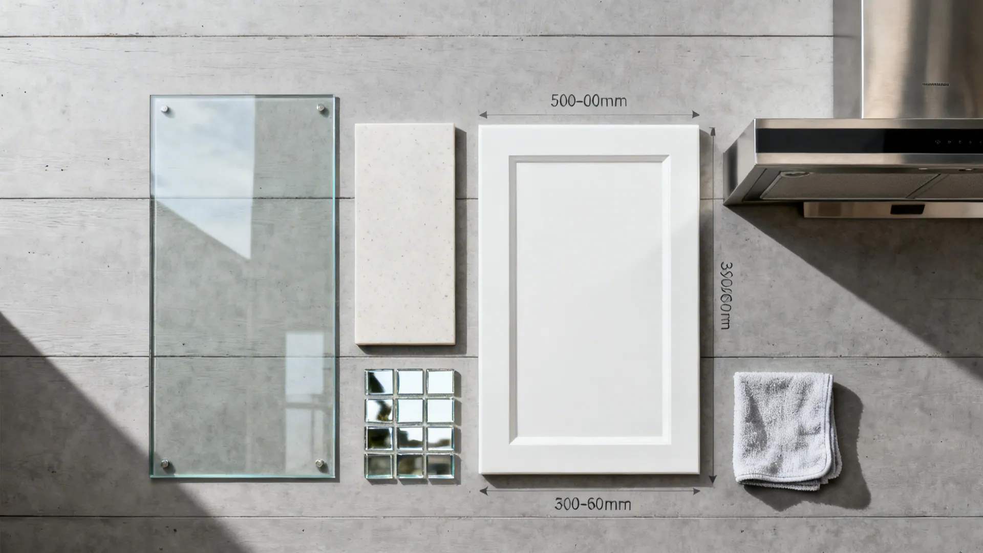 Flatlay of glass backsplash, porcelain slab, white cabinet front, and steel hood finish.