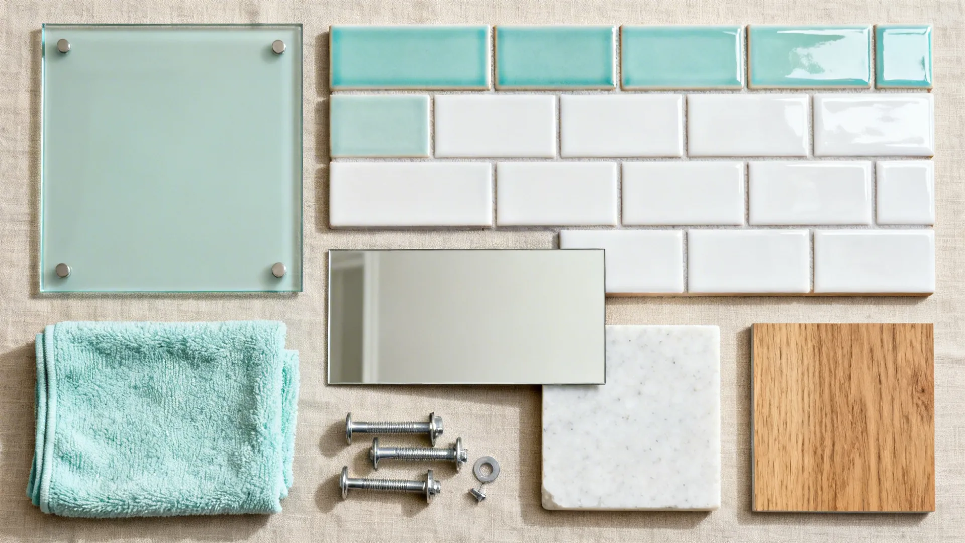 Flatlay of seafoam glass, zellige, glossy tiles, satin mirror, and quartz samples in coastal tones.