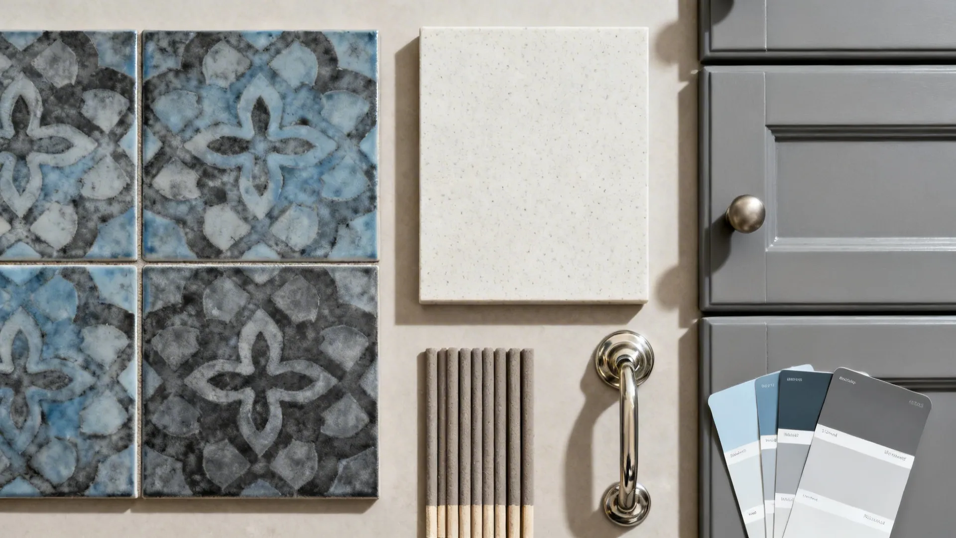Flat lay of patterned tile, light countertop, grout sticks, and grey paint chips.