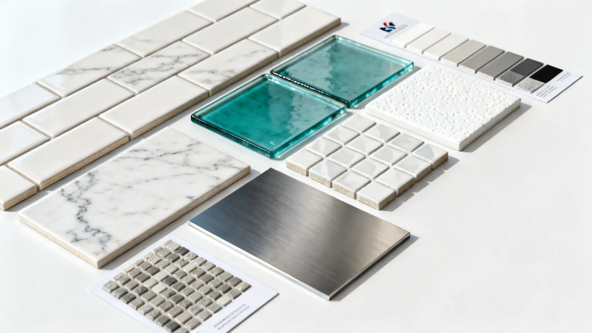 Flatlay of various backsplash material samples and grout swatches for decision-making