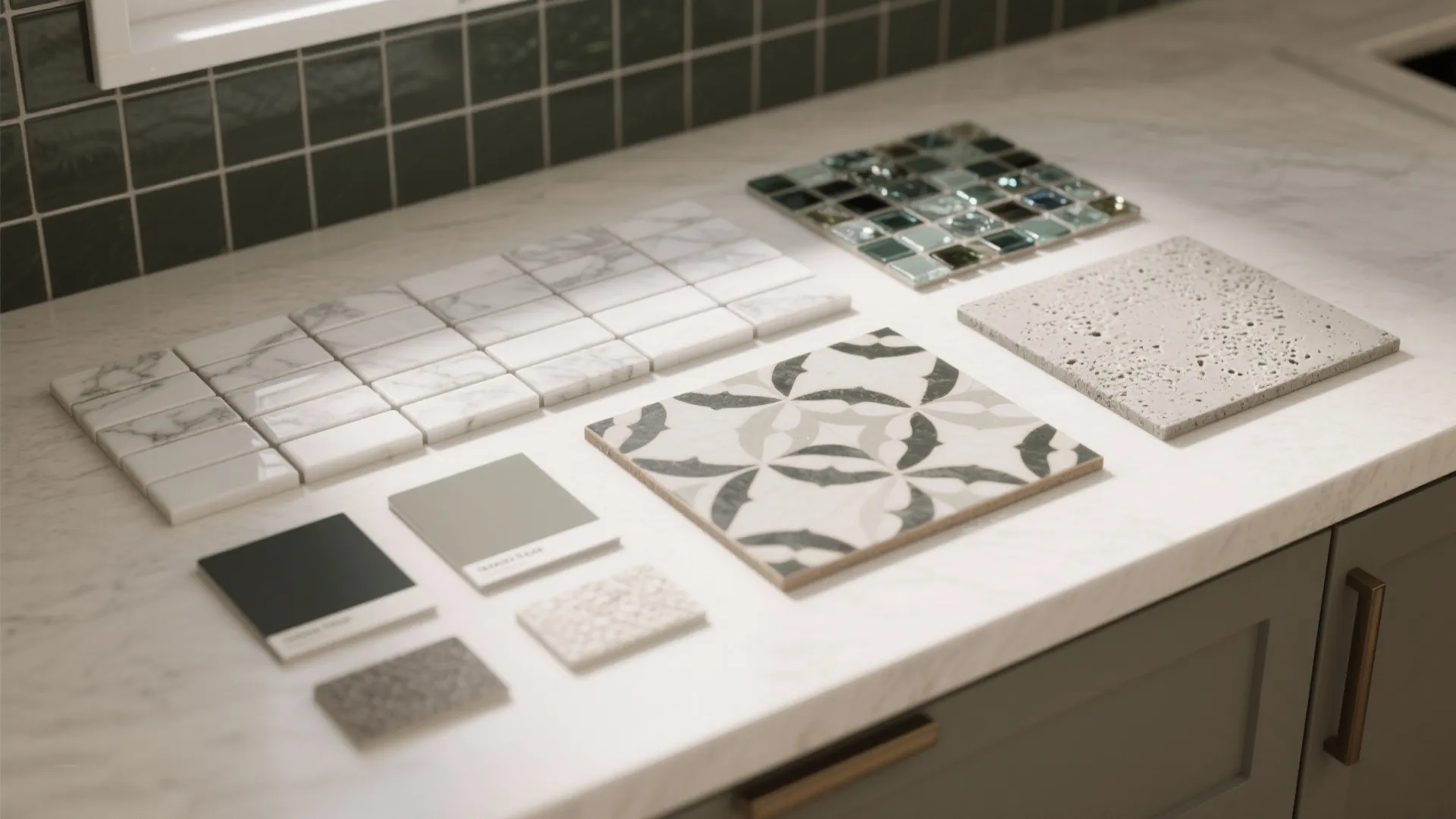 Selection of kitchen wall tile samples including marble glass and patterned styles on white countertop