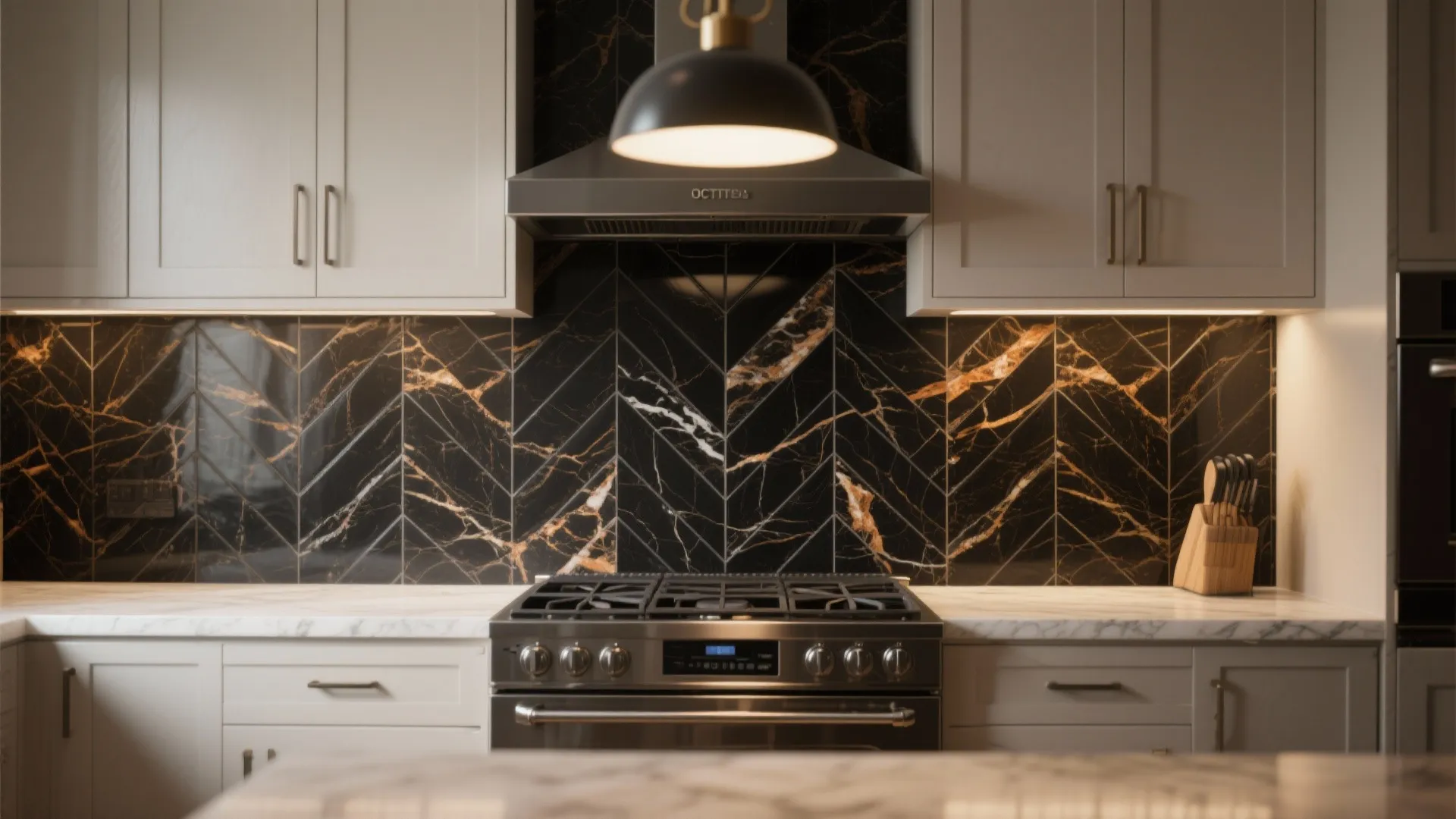 Black marble chevron backsplash behind silver gas stove with grey cabinets and a light fixture