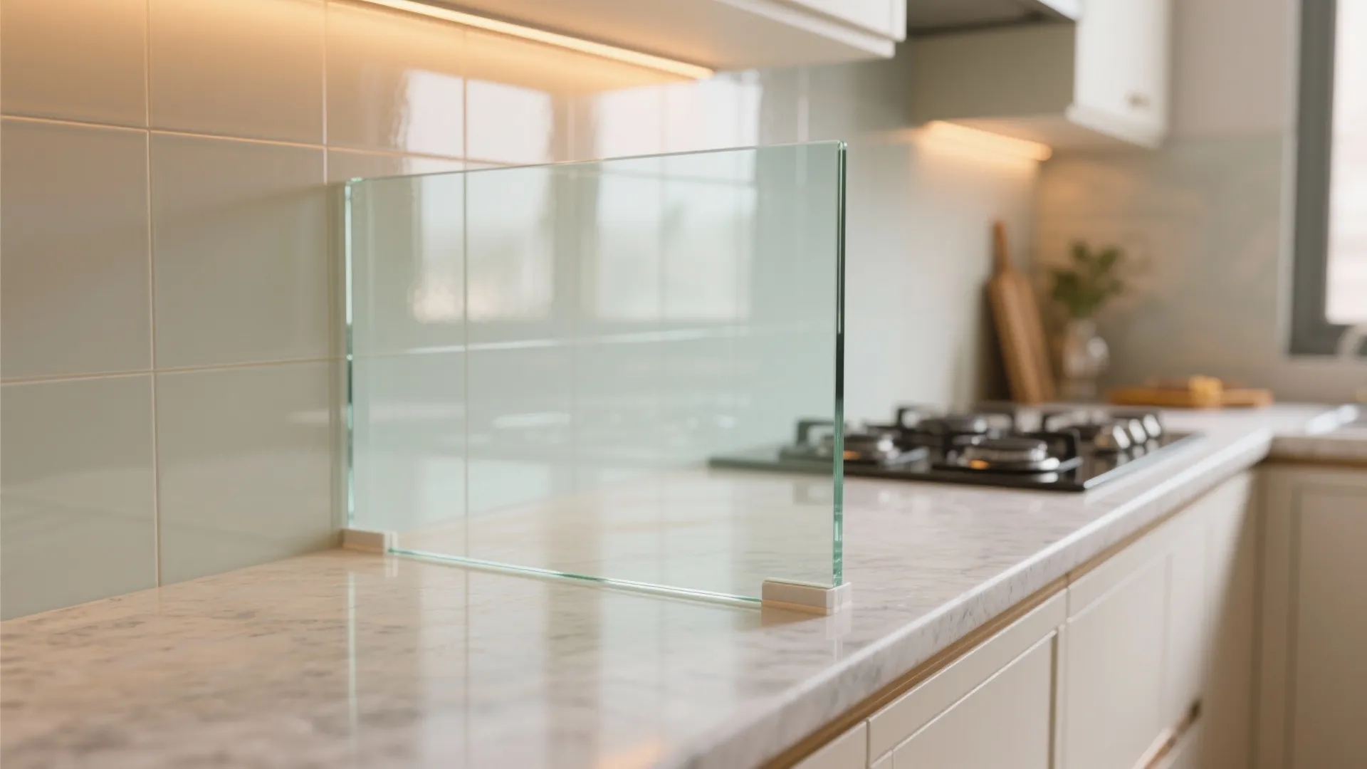 Close up of a clear glass splash guard on marble countertop next to gas stove burners