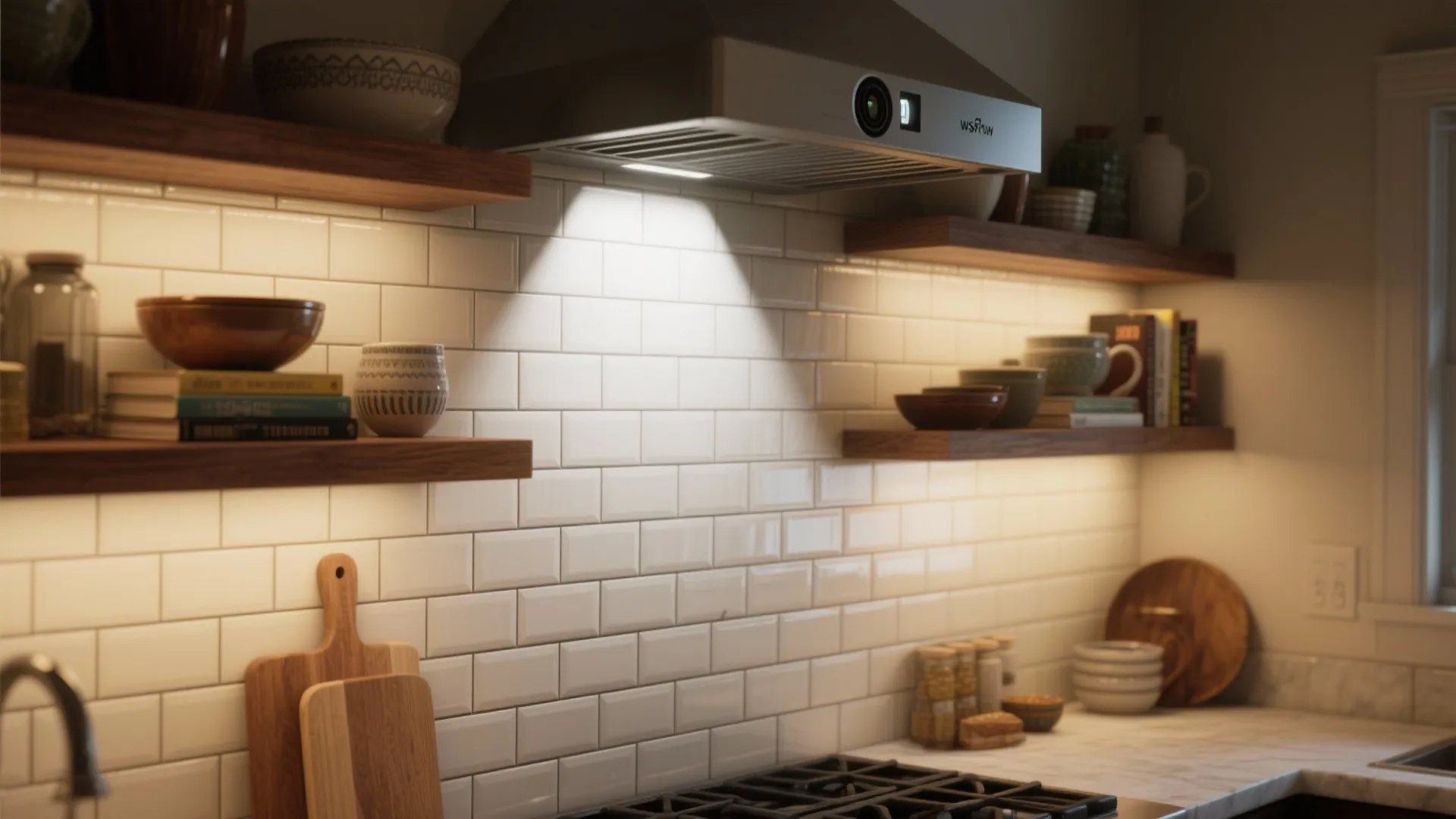 Accent textures: backsplash and open shelves