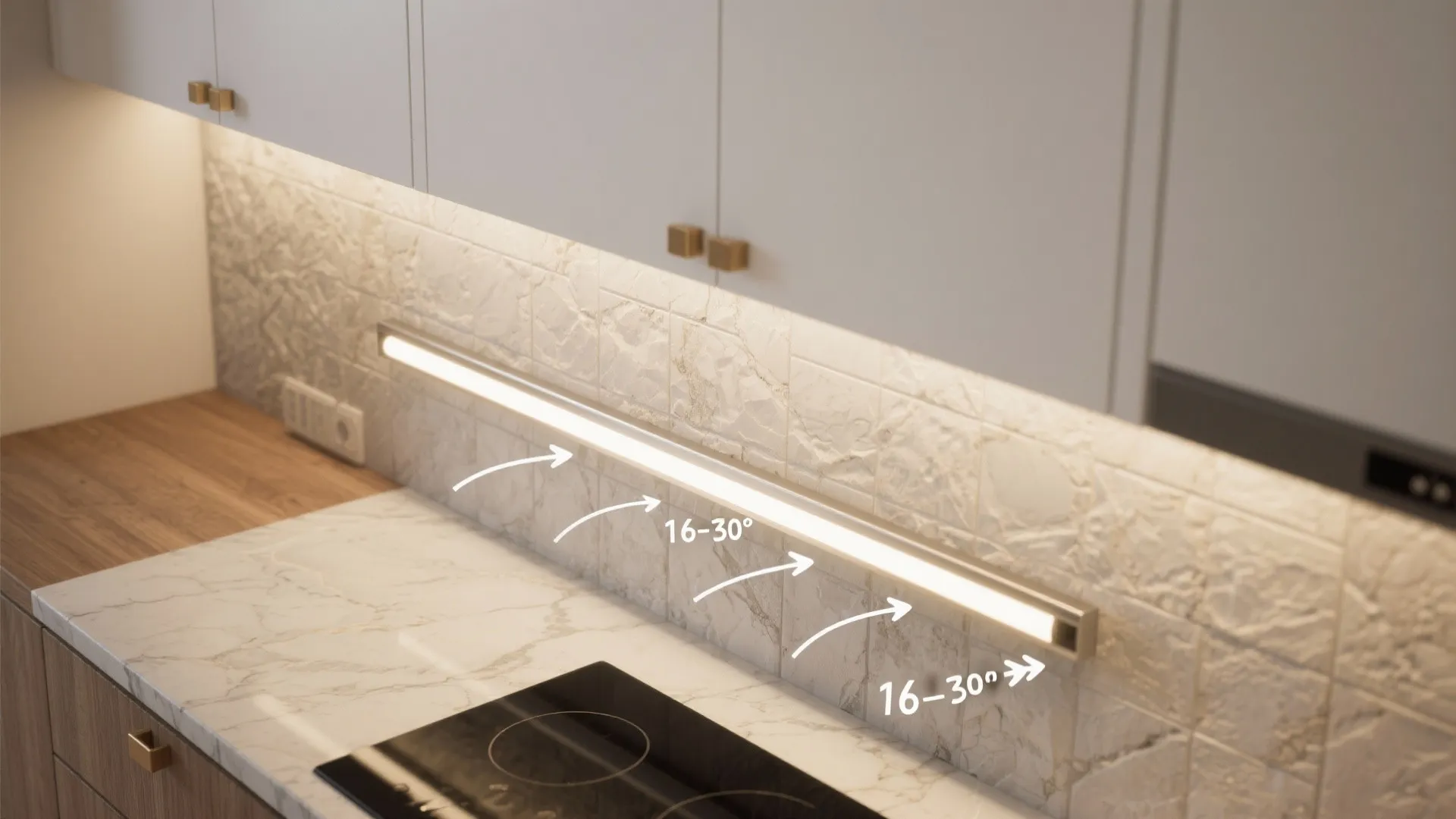Top-down view of under-cabinet LED grazing a textured kitchen backsplash for task and accent light.