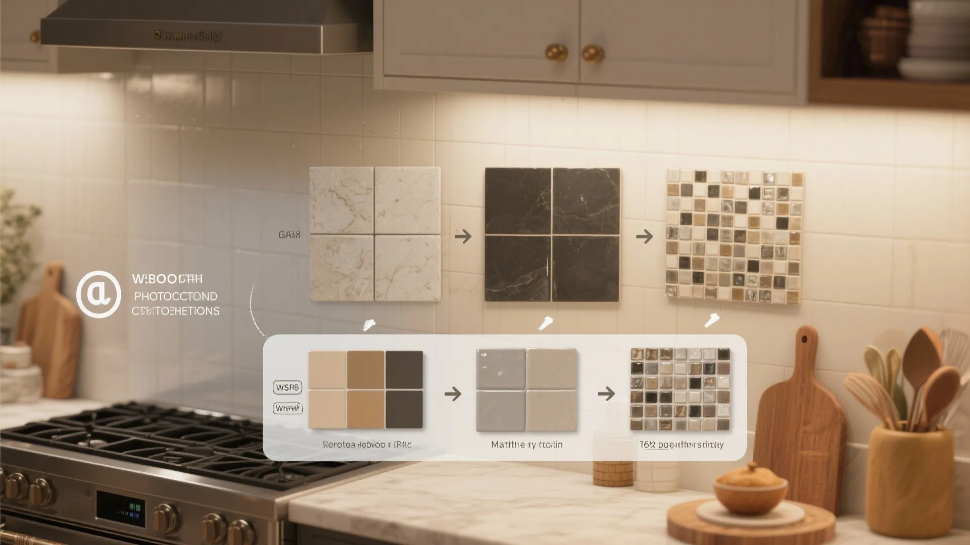 Infographic showing different kitchen wall tile options including marble stone and small mosaic tile patterns