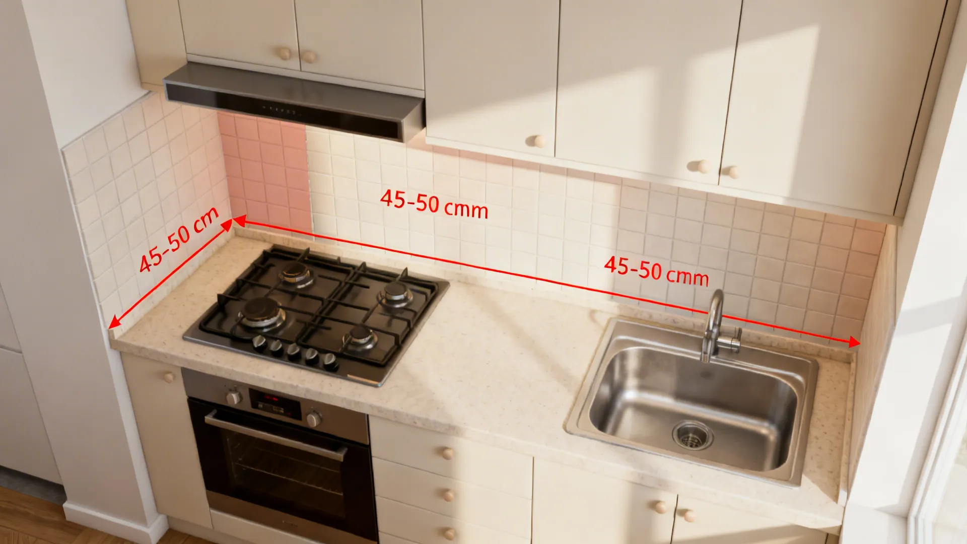 Top-down guide showing minimum backsplash heights and optional ceiling extension in a small kitchen.