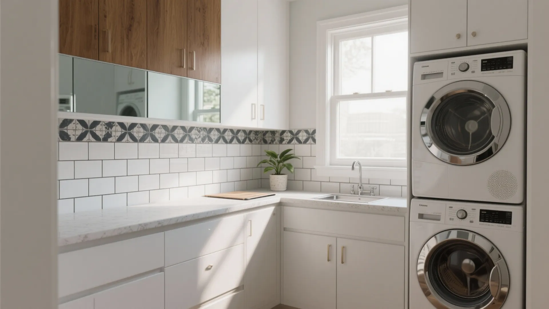 White laundry room interior design drawing featuring stacked washing machines and subway tile wall design