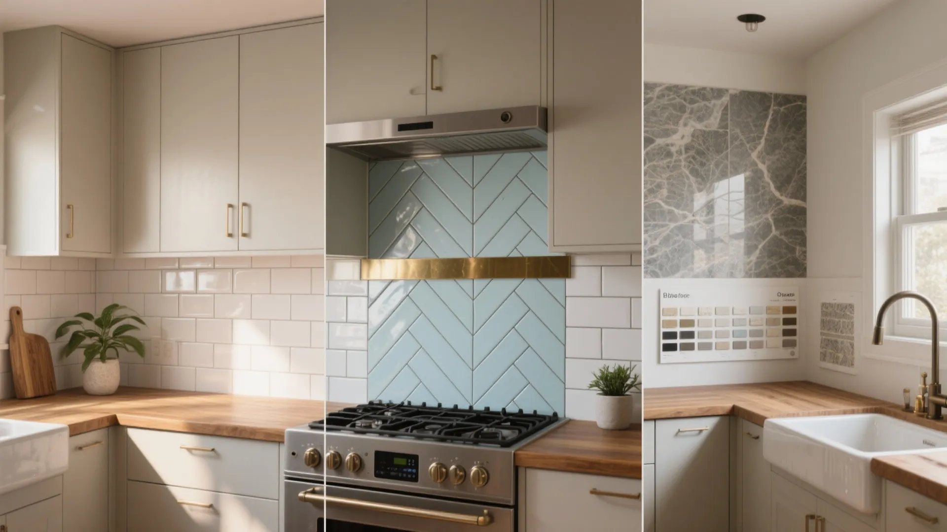 Modern kitchen showcasing light blue tile wall plus wood countertop and white cabinets interior design