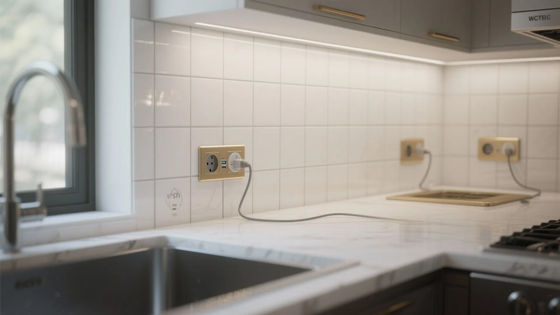 Modern kitchen backsplash with white tiles gold power outlets and a marble countertop near sink