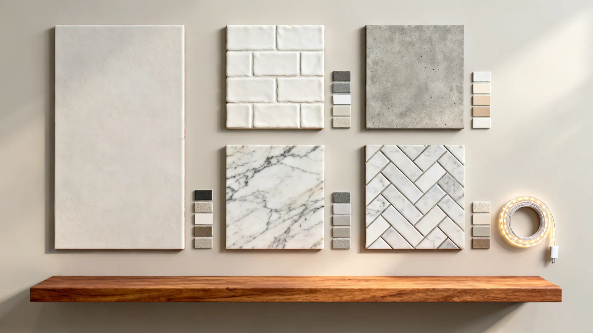 Flat lay of matte porcelain, handmade ceramic, concrete-look porcelain, quartz slab, and herringbone tile samples.